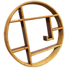 Mid-Century Circular Rattan Wall Hanging Shelf with Asymmetric Shelves