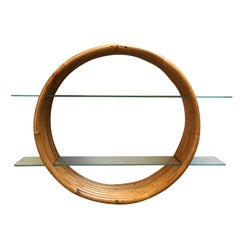 Midcentury Circular Rattan Wall Hanging Shelf with Slat Glass Tiers