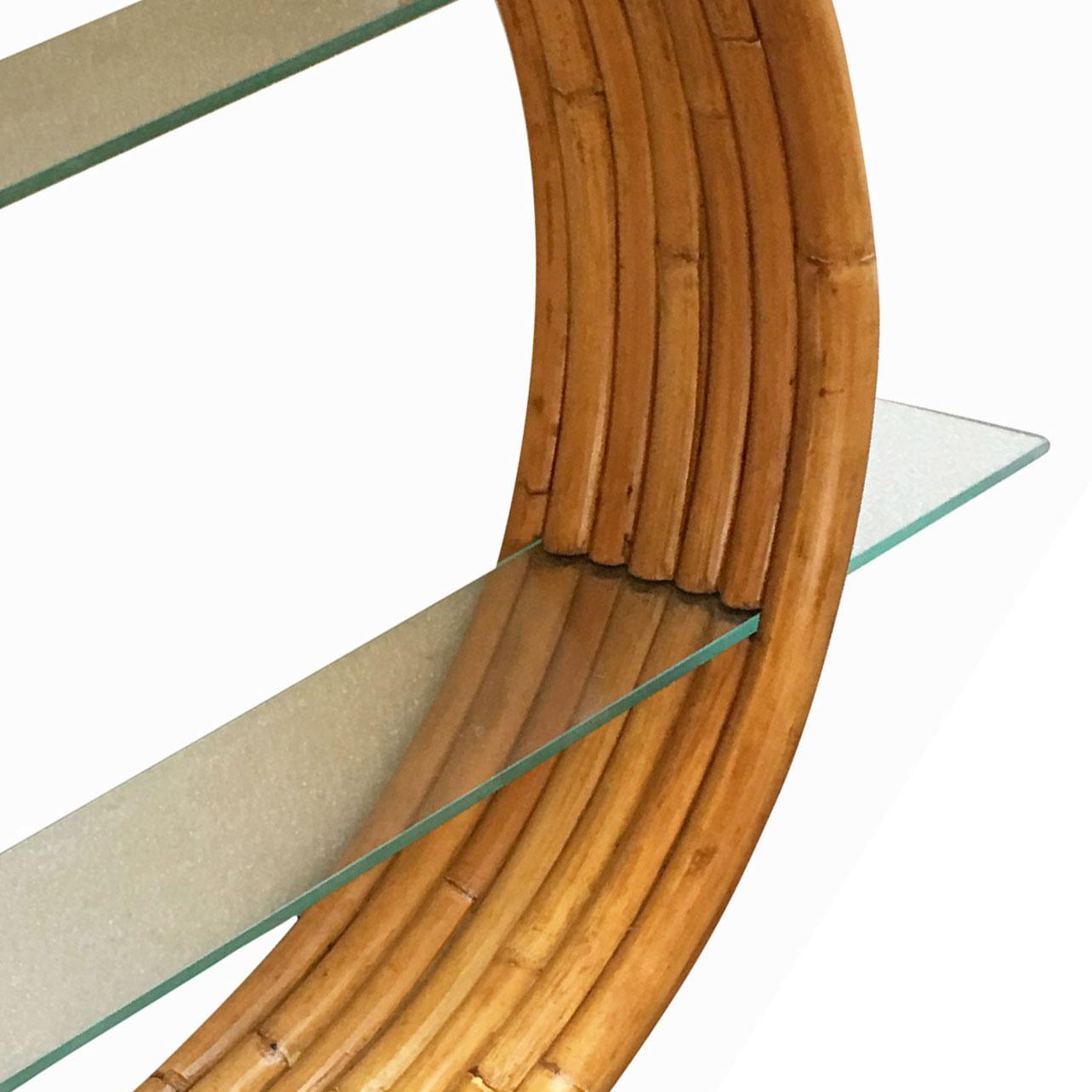 Midcentury Circular Rattan Wall Hanging Shelf with Slat Glass Tiers at