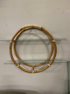Midcentury Circular Rattan Wall "Skelton" Hanging Shelf with Slat Glass Tiers