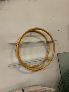 Midcentury Circular Rattan Wall "Skeleton" Hanging Shelf with Slat Glass Tiers