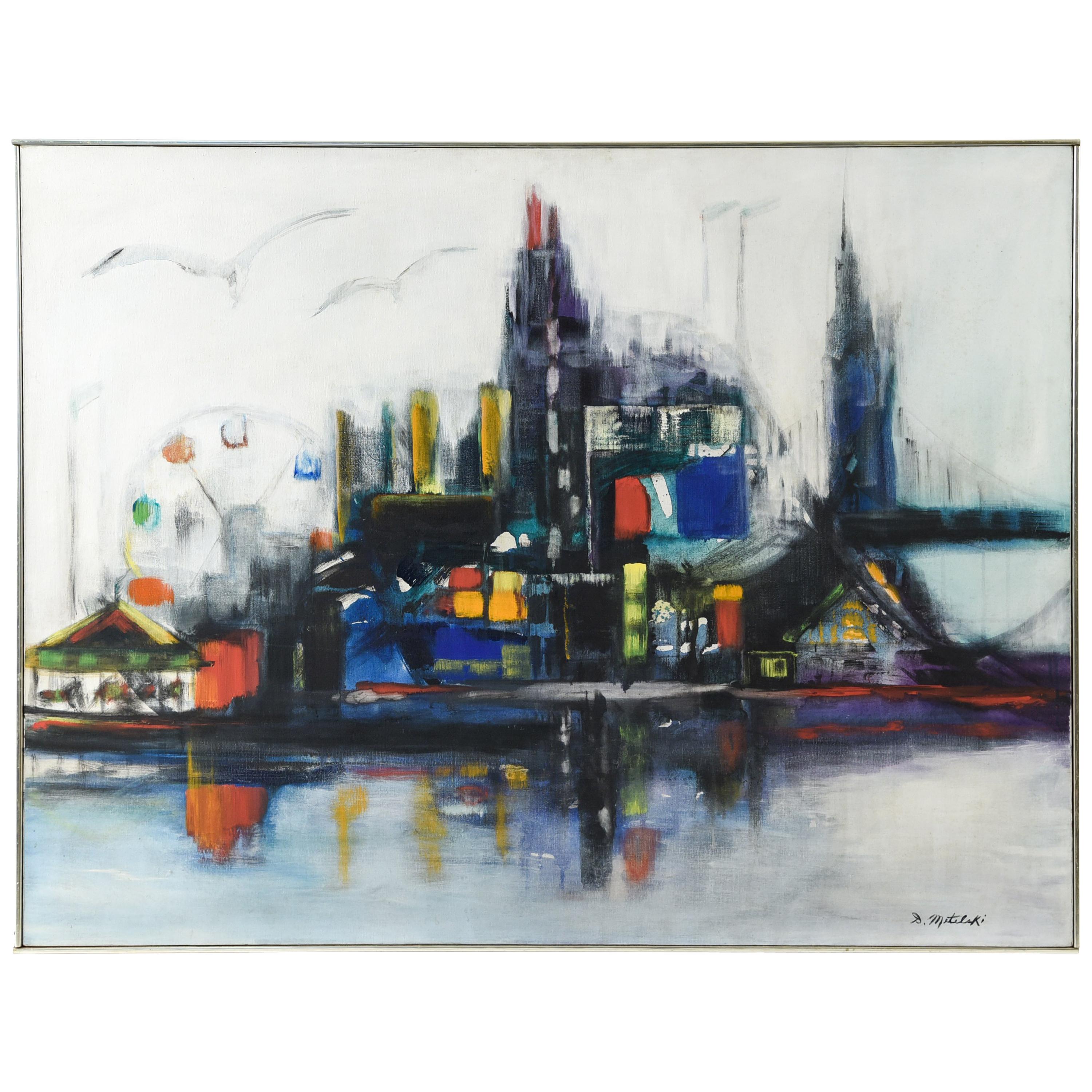 Midcentury Cityscape by D. Metelski For Sale