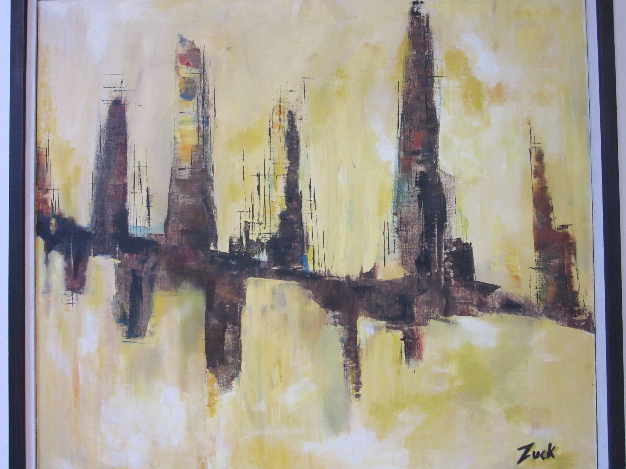 A Mid-Century Modern framed cityscape painting in yellow tones reflecting the skyline titled 