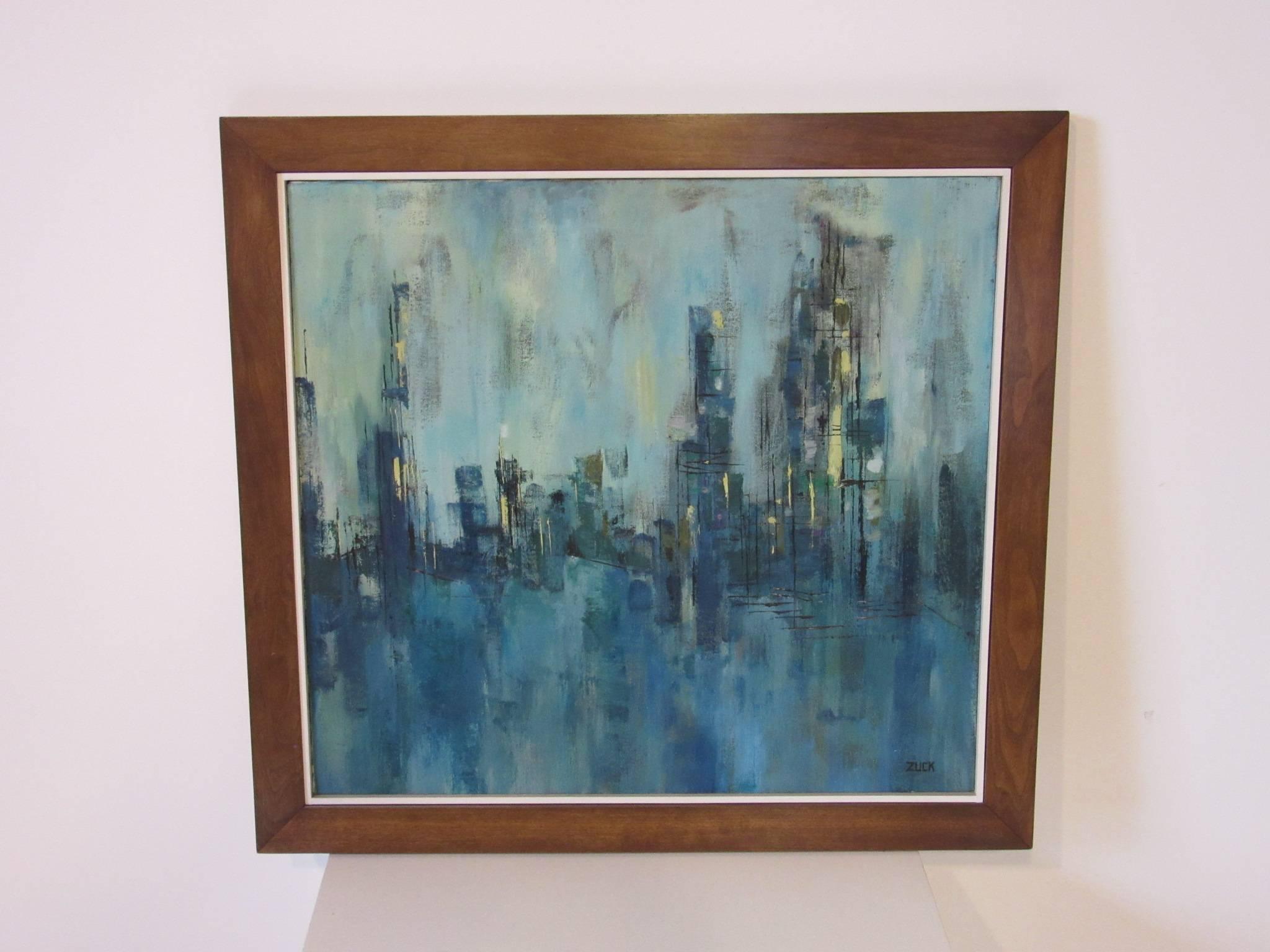 Midcentury Cityscape Painting by Susan Zuck In Excellent Condition In Cincinnati, OH