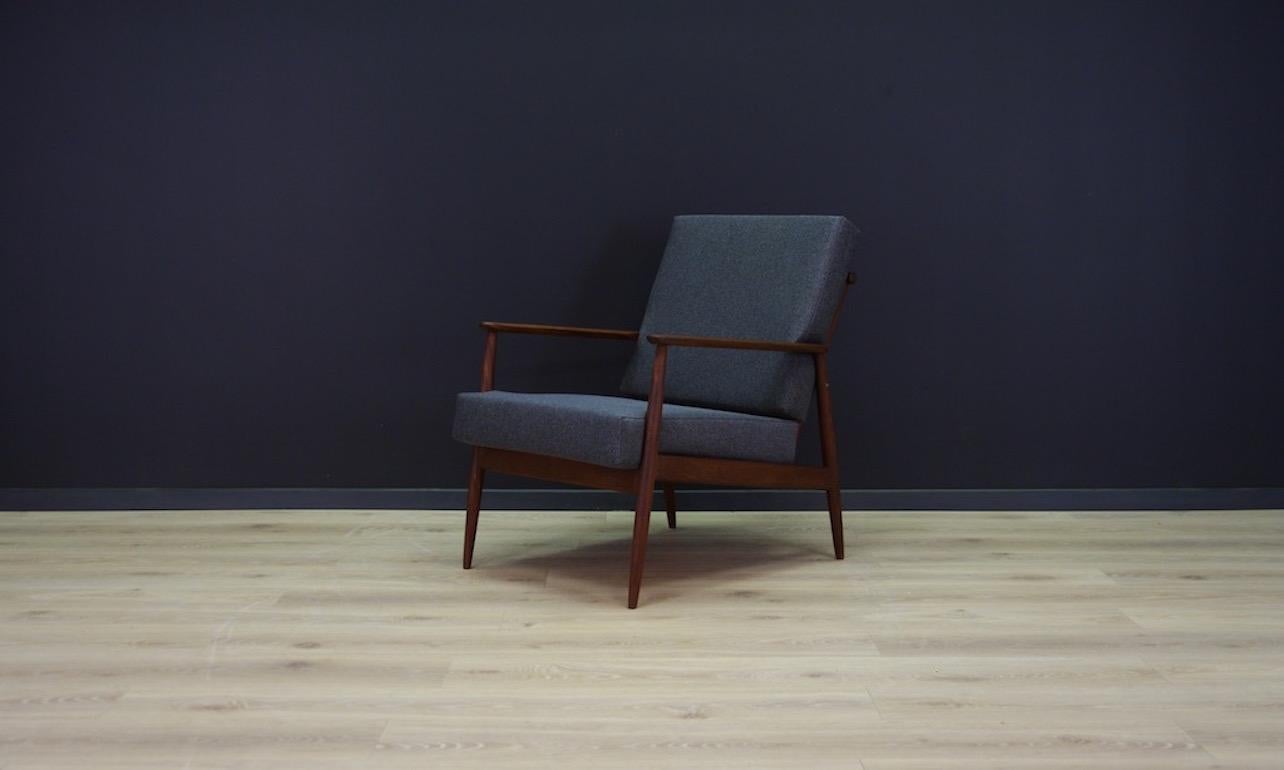 Stylish armchair of the 1970s-1980s. Beautiful straight line, Scandinavian design. Armchair upholstered with the new fabric. Teak construction. Armchair in good condition (small scratches and dings are visible).

Dimensions: height 82cm, armrest
