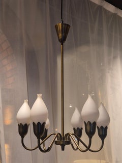 Midcentury Classic, chandelier "Tulip" in brass & glass by Fog & Morup, Denmark
