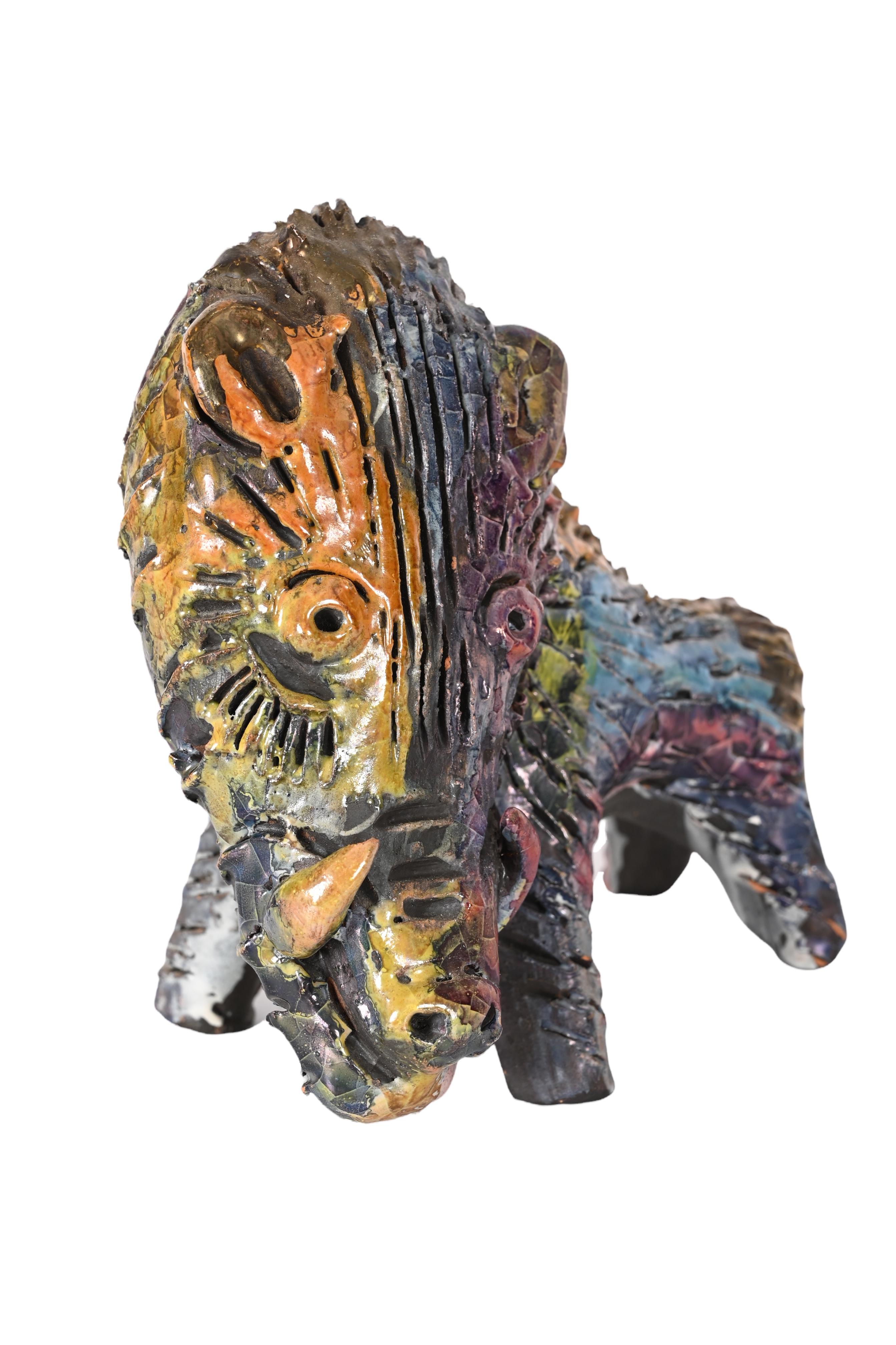 Mid-Century Modern Midcentury Claudio Pulli Polychromed Enameled Ceramic Italian Boar, 1970s