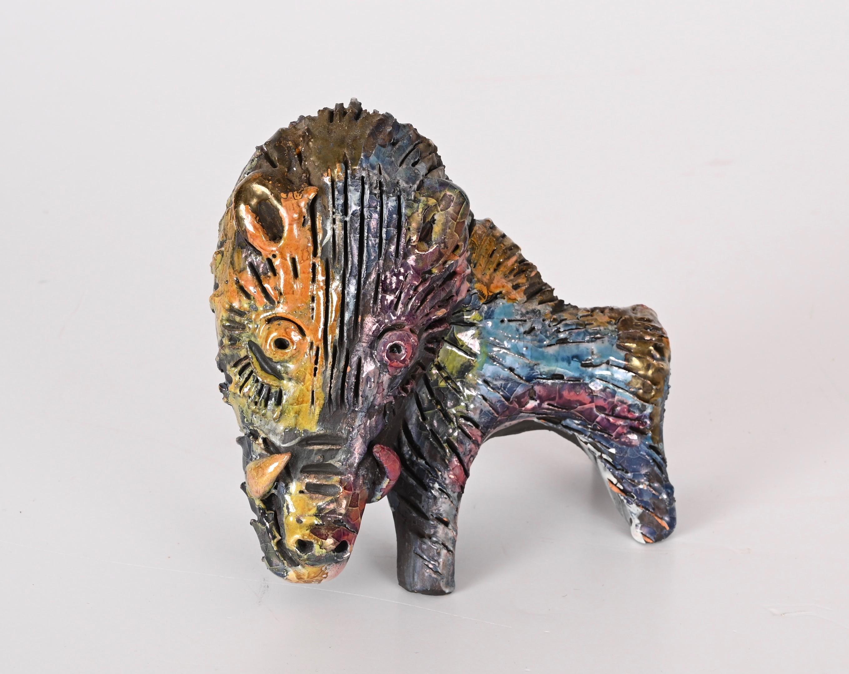 Midcentury Claudio Pulli Polychromed Enameled Ceramic Italian Boar, 1970s In Good Condition In Roma, IT