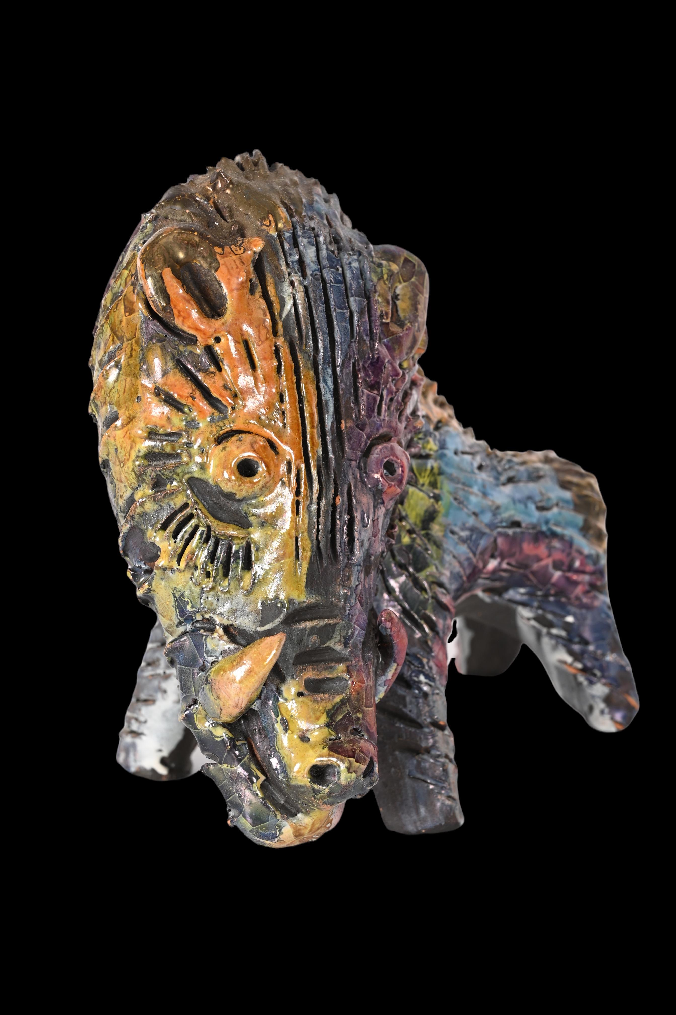 Late 20th Century Midcentury Claudio Pulli Polychromed Enameled Ceramic Italian Boar, 1970s