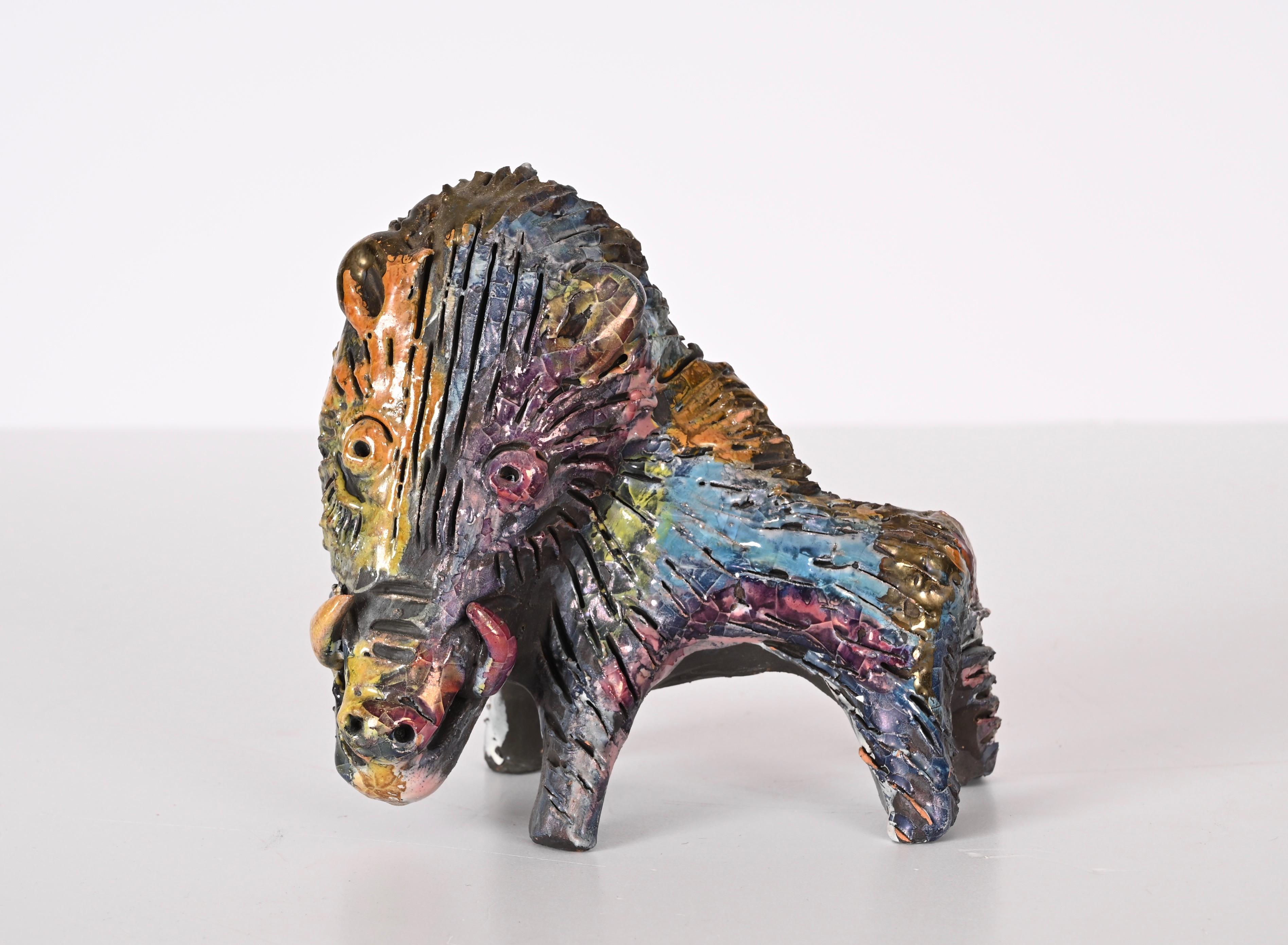 Midcentury Claudio Pulli Polychromed Enameled Ceramic Italian Boar, 1970s 3