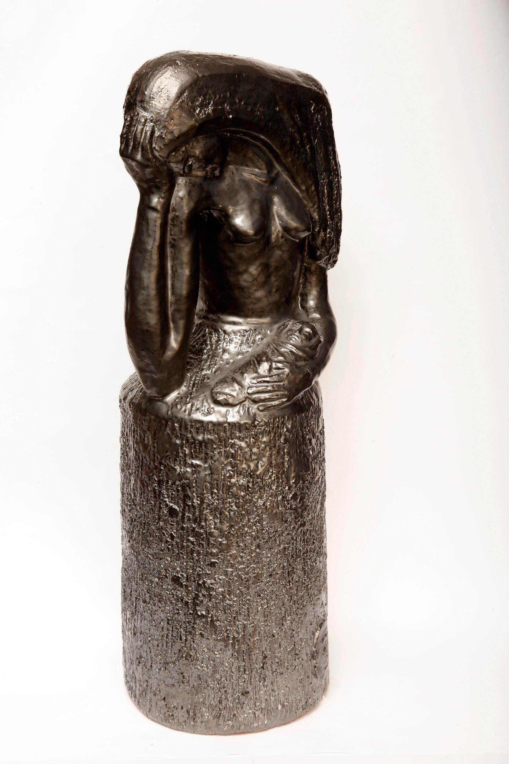 Mid-Century Modern Midcentury Clay and Glazed Sculpture of a Woman, Jerzy Sacha, Poland, 1970s For Sale