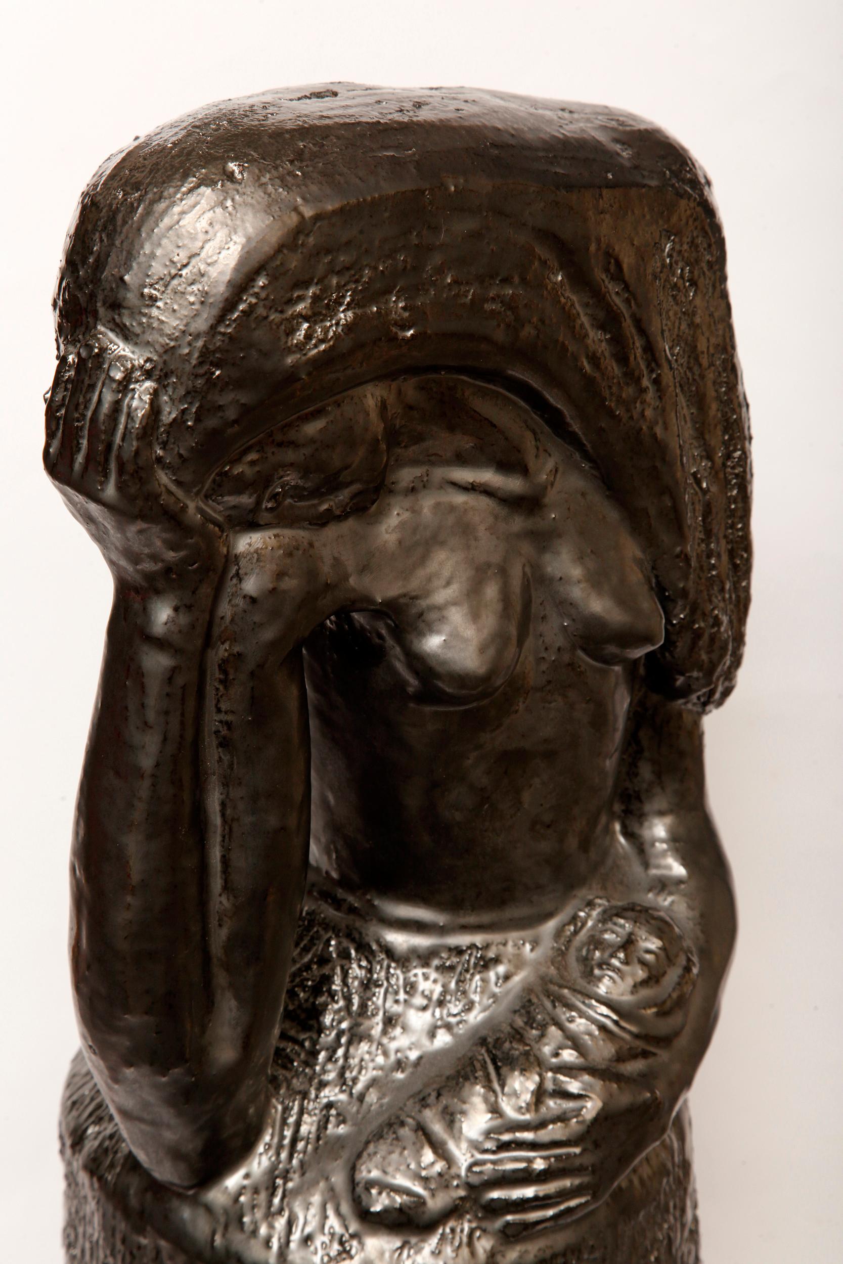 Polish Midcentury Clay and Glazed Sculpture of a Woman, Jerzy Sacha, Poland, 1970s For Sale