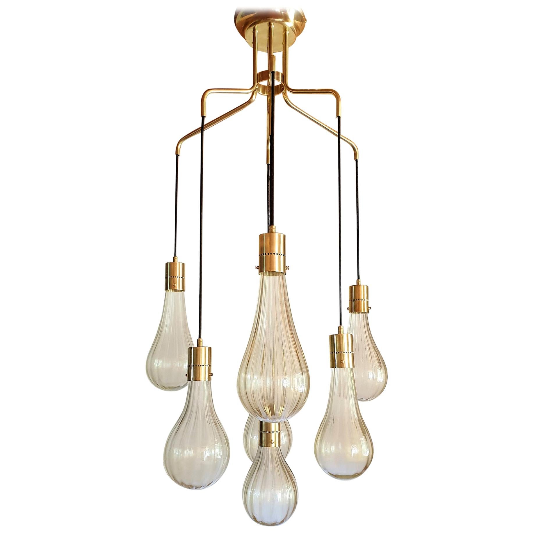 Clear and Gold Murano Glass Pendant Chandelier