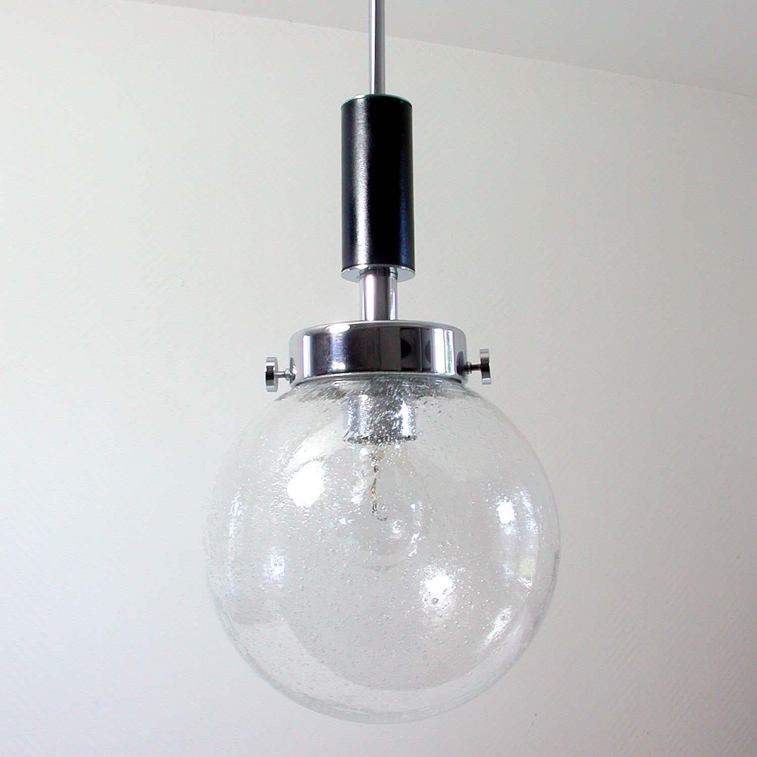 Mid-Century Modern Midcentury Clear Bubble Glass, Chrome and Black Leather Pendant, Germany, 1960s For Sale