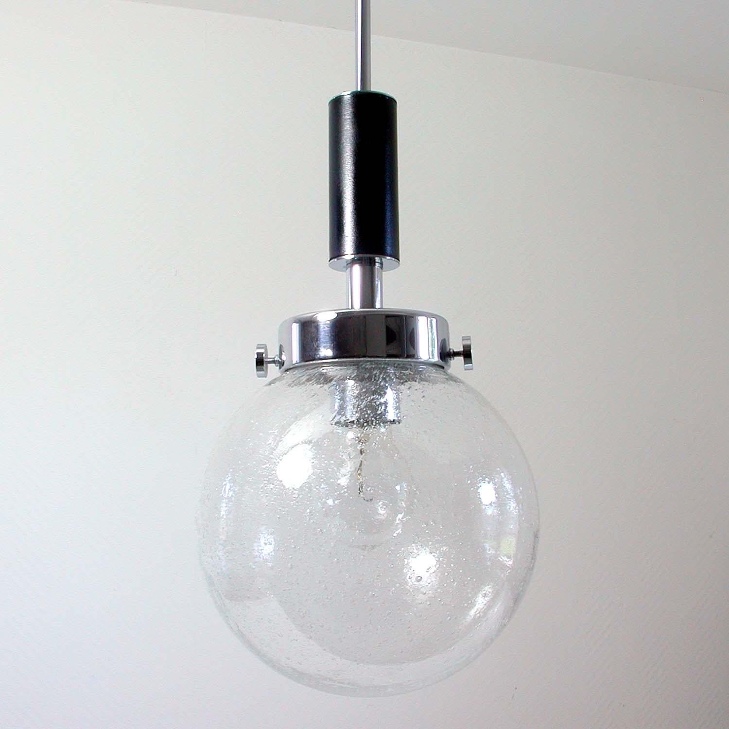 Mid-Century Modern Midcentury Clear Bubble Glass, Chrome and Black Leather Pendant, Germany, 1960s