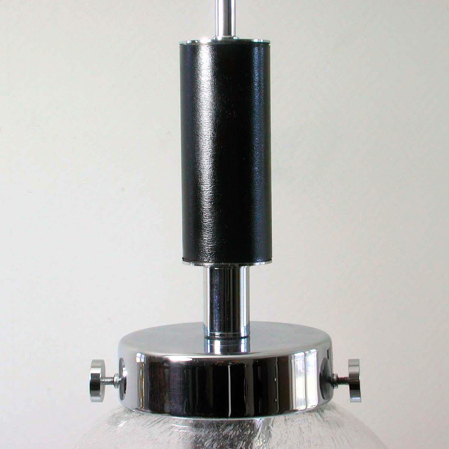 Midcentury Clear Bubble Glass, Chrome and Black Leather Pendant, Germany, 1960s In Good Condition In NUEMBRECHT, NRW