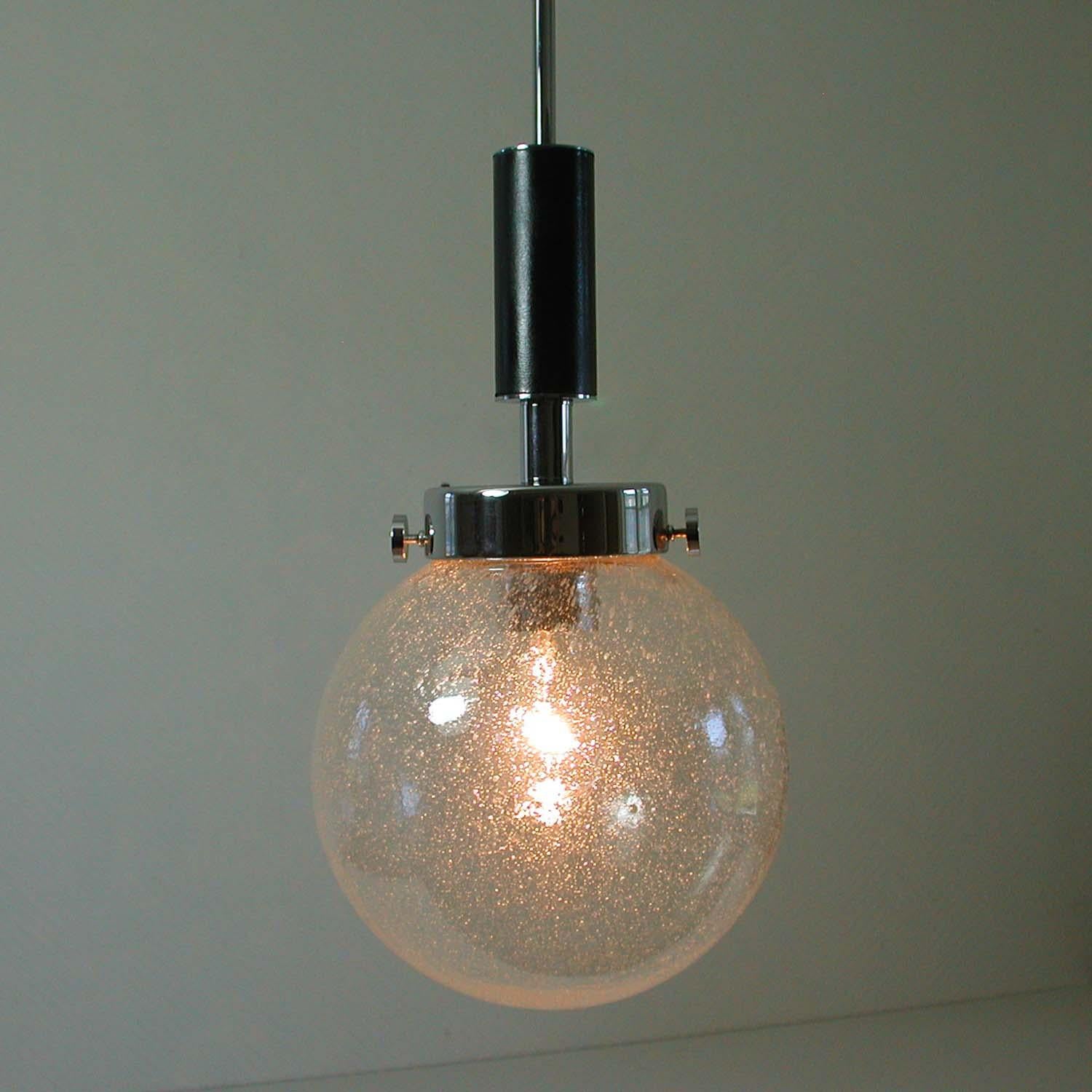Midcentury Clear Bubble Glass, Chrome and Black Leather Pendant, Germany, 1960s For Sale 1