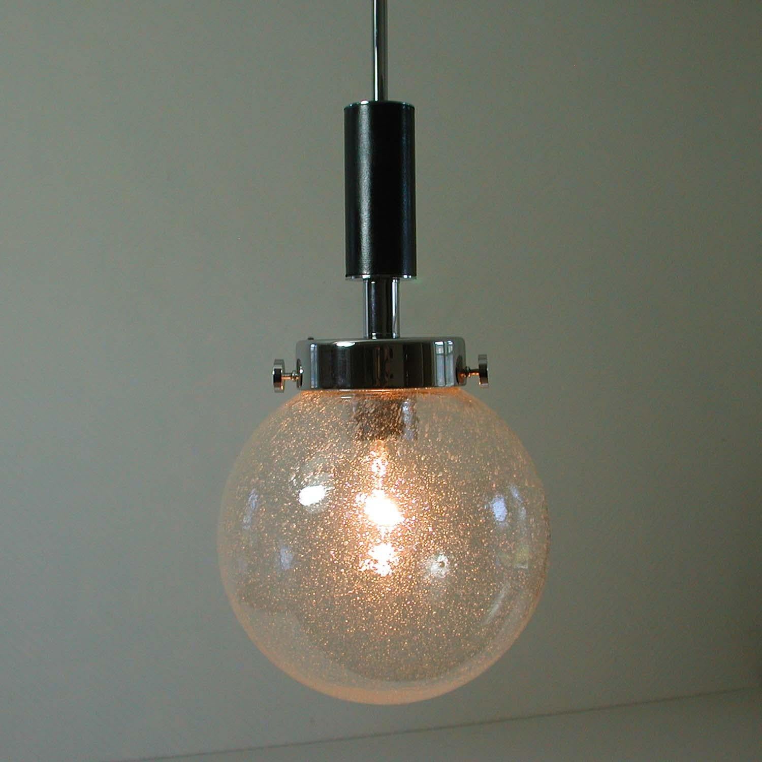 Midcentury Clear Bubble Glass, Chrome and Black Leather Pendant, Germany, 1960s 1