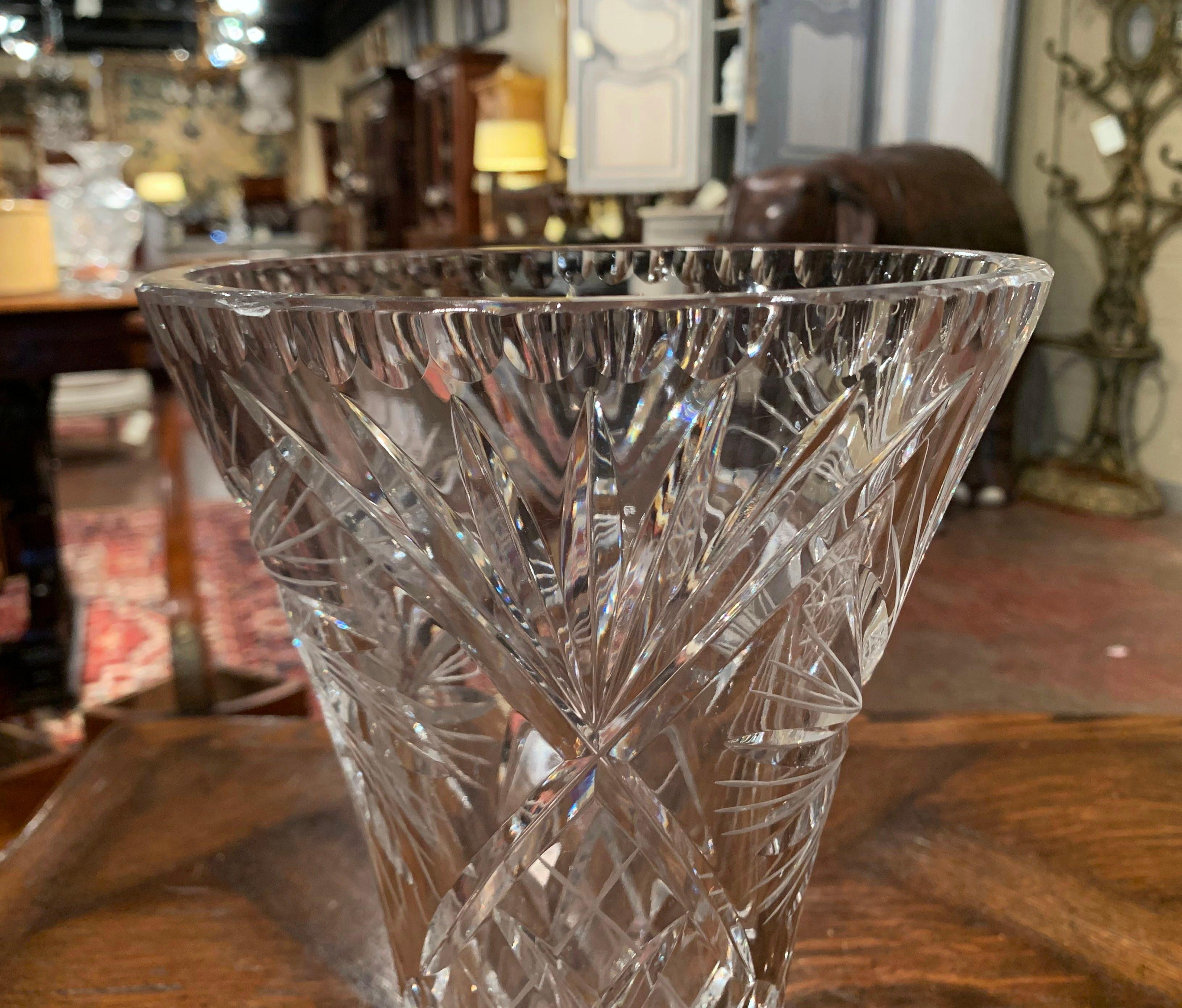 French Midcentury Clear Cut Crystal Trumpet Vase with Geometric and Sun Motifs