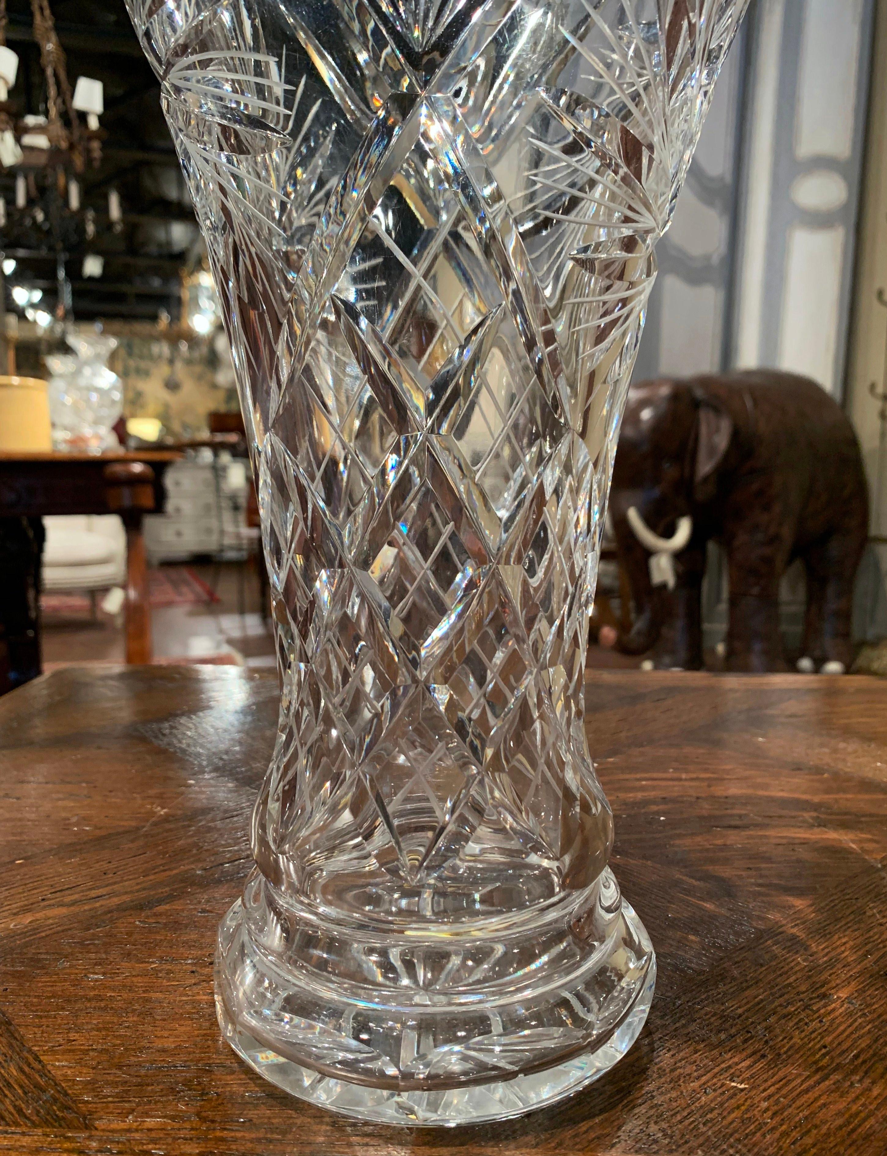 Hand-Crafted Midcentury Clear Cut Crystal Trumpet Vase with Geometric and Sun Motifs