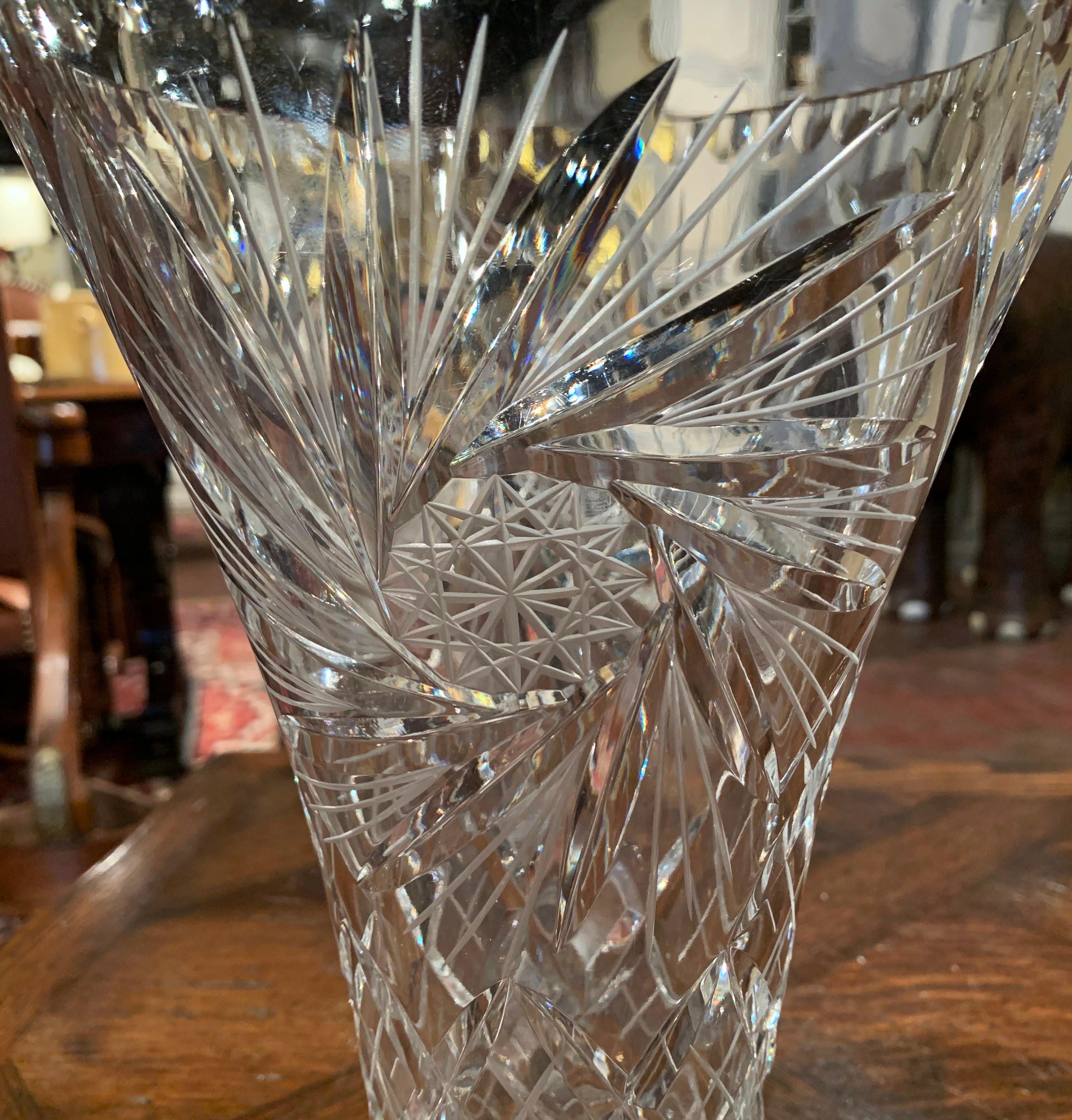 20th Century Midcentury Clear Cut Crystal Trumpet Vase with Geometric and Sun Motifs