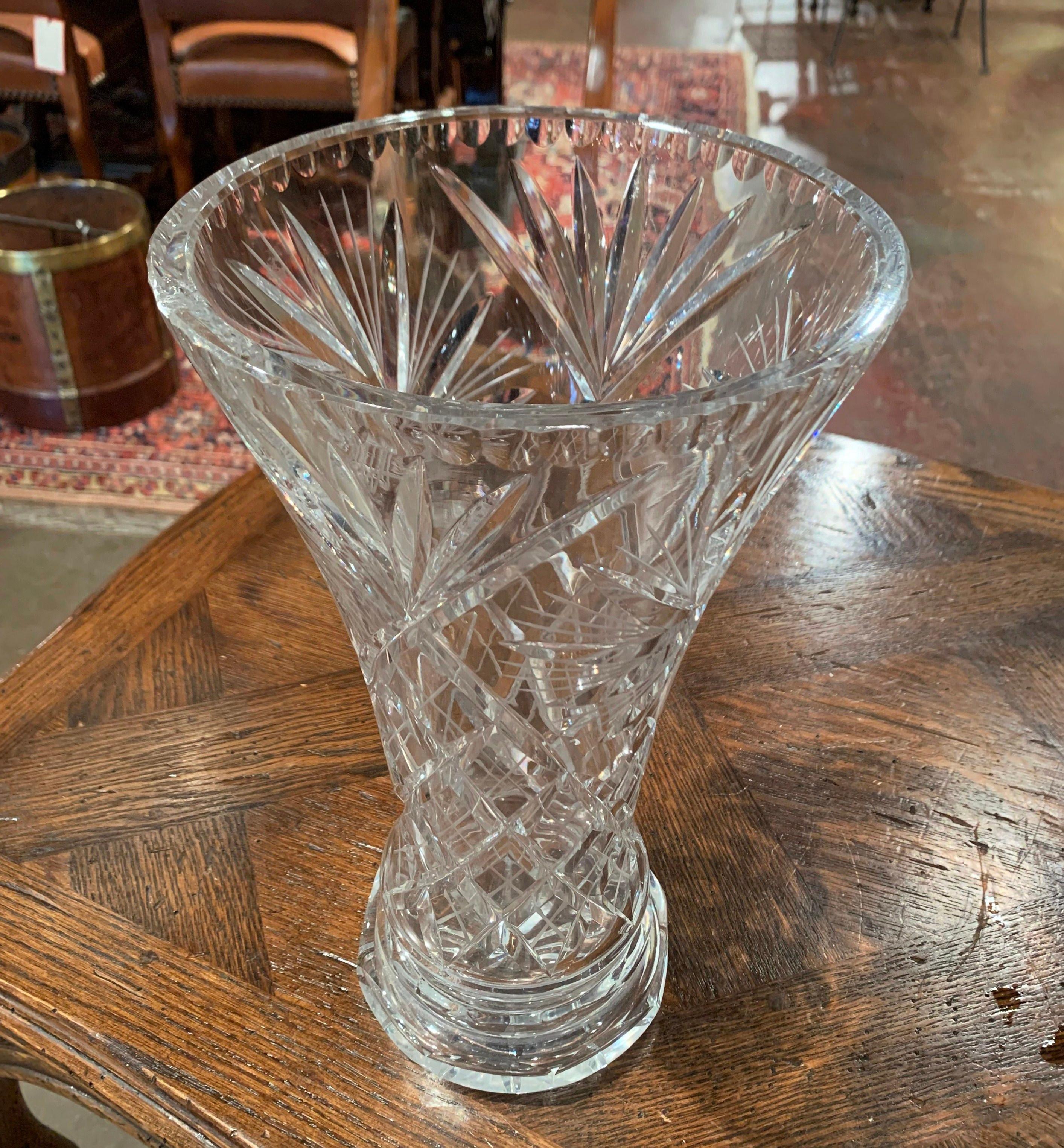 Midcentury Clear Cut Crystal Trumpet Vase with Geometric and Sun Motifs 1