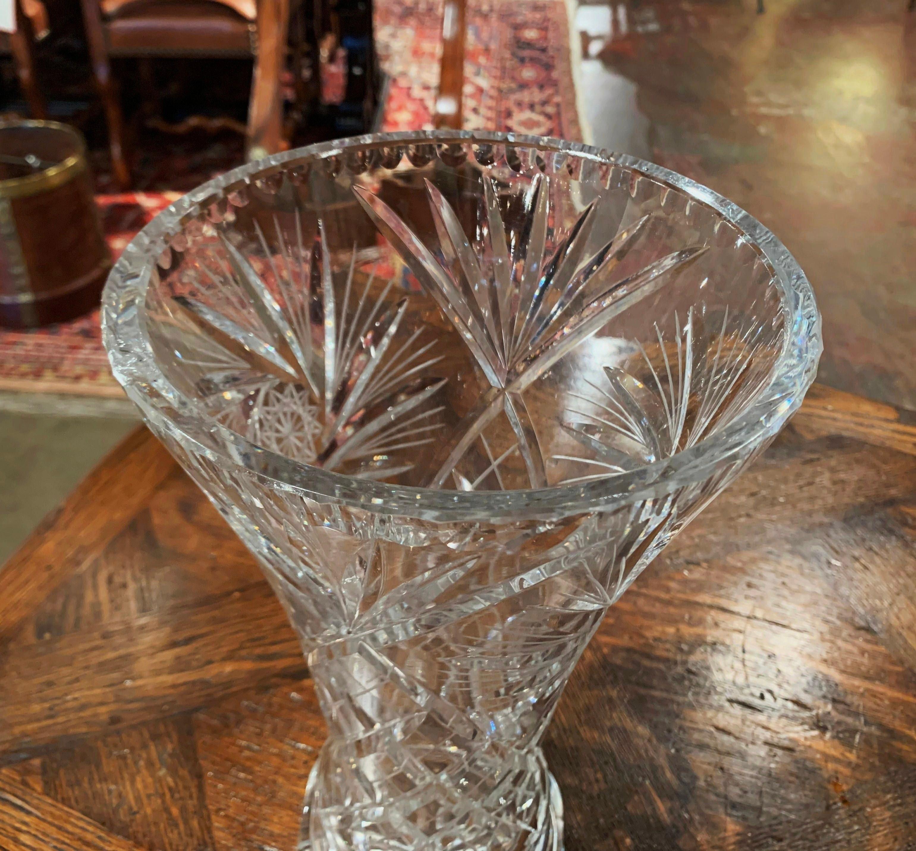 Midcentury Clear Cut Crystal Trumpet Vase with Geometric and Sun Motifs 2