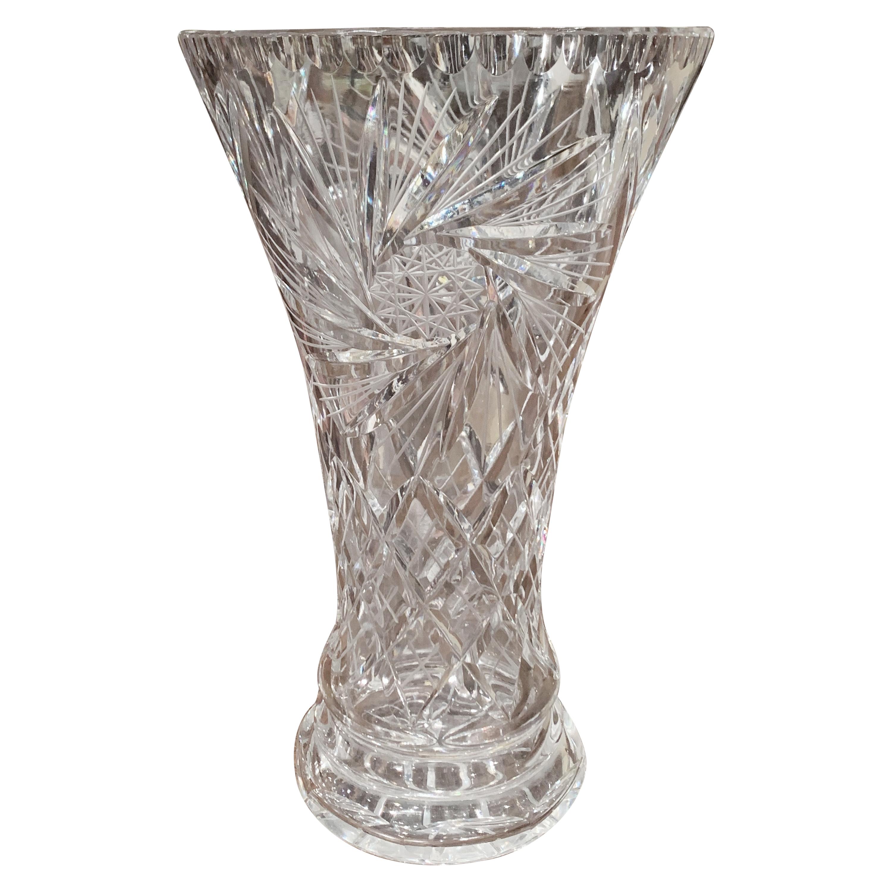 Midcentury Clear Cut Crystal Trumpet Vase with Geometric and Sun Motifs