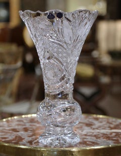 Mid-Century Clear Cut Crystal Trumpet Vase with Geometric and Vine Motifs