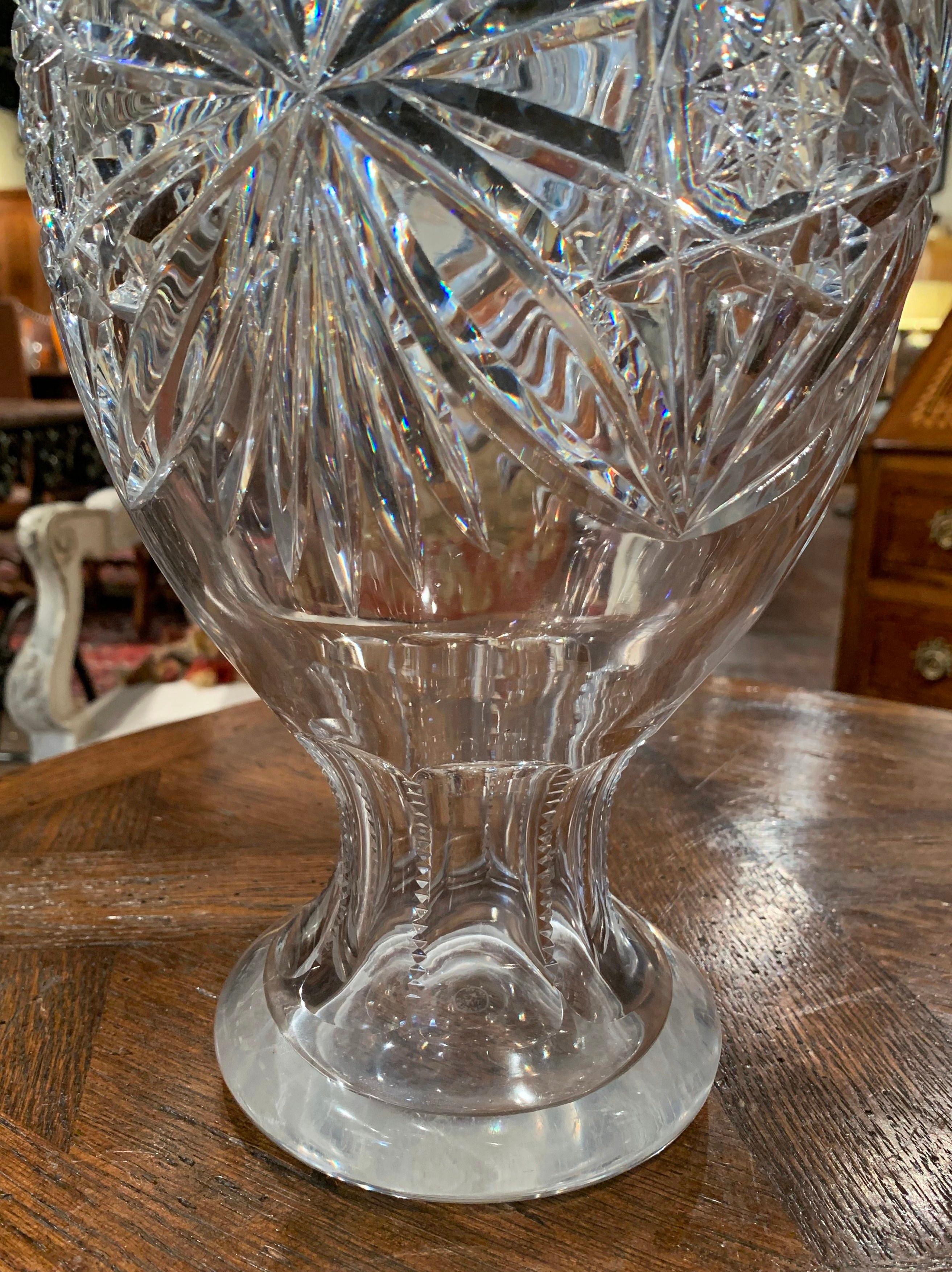 French Midcentury Clear Cut Glass Vase with Foliage and Star Motifs