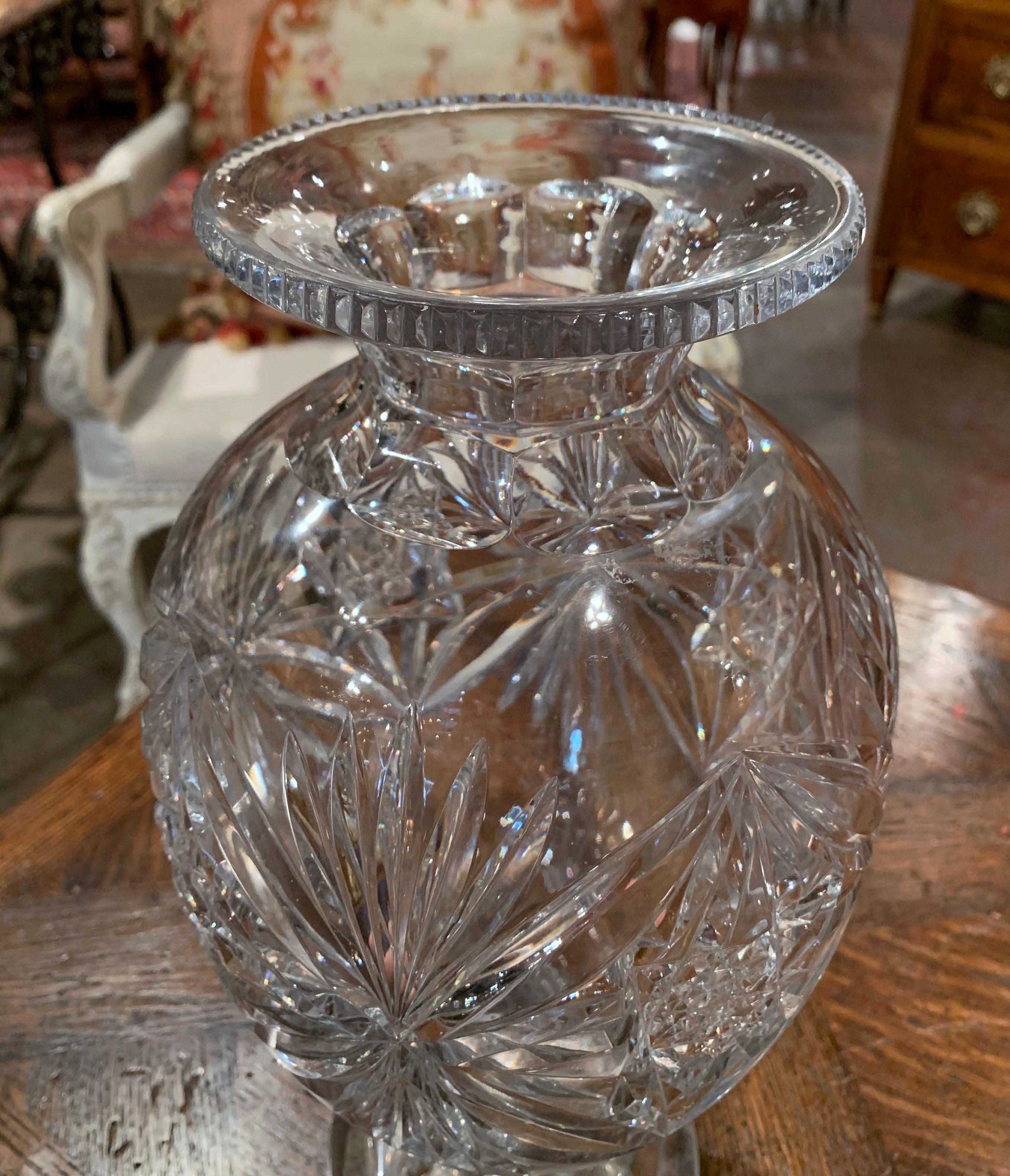 Hand-Crafted Midcentury Clear Cut Glass Vase with Foliage and Star Motifs