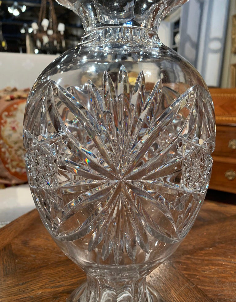 Midcentury Clear Cut Glass Vase with Foliage and Star Motifs For Sale
