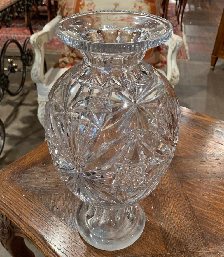 Midcentury Clear Cut Glass Vase with Foliage and Star Motifs For Sale