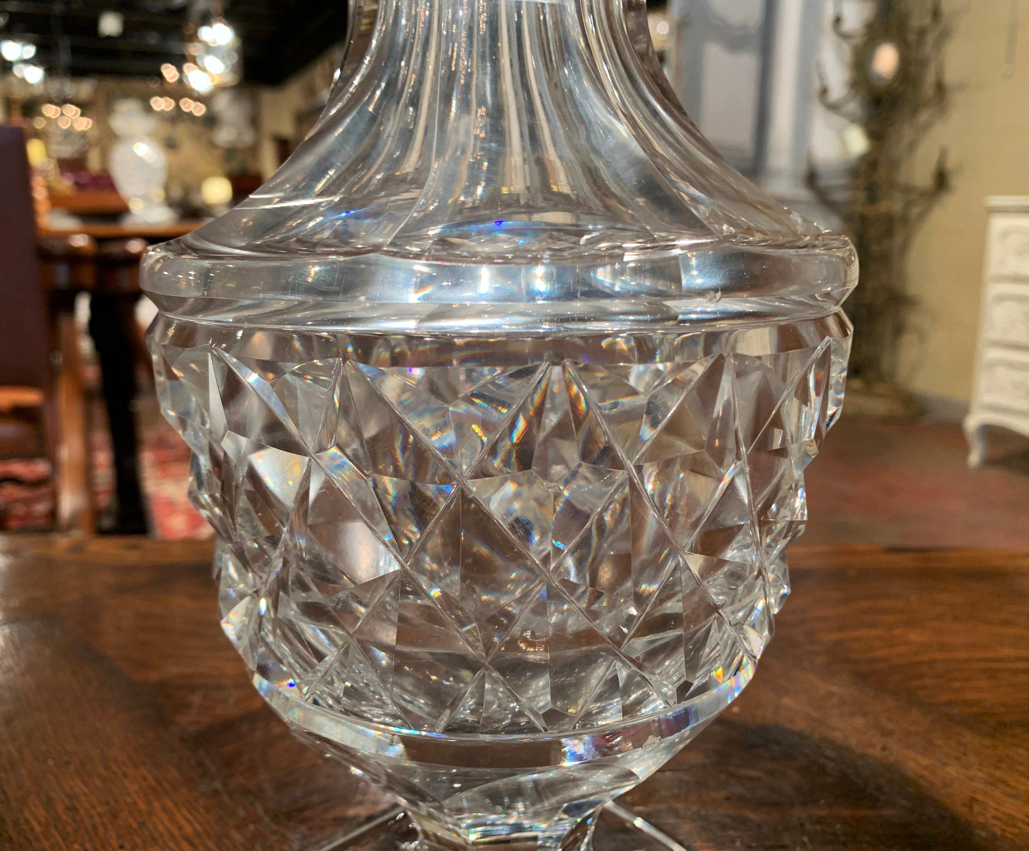 French Midcentury Clear Cut-Glass Vase with Geometric Pattern For Sale