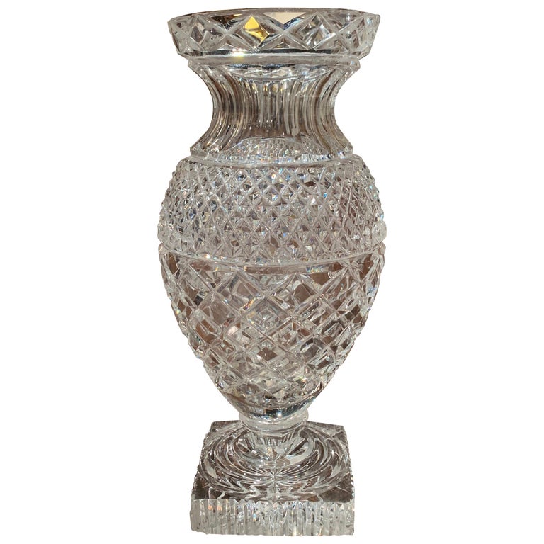 Midcentury Clear Cut Glass Vase With Geometric Pattern For Sale At