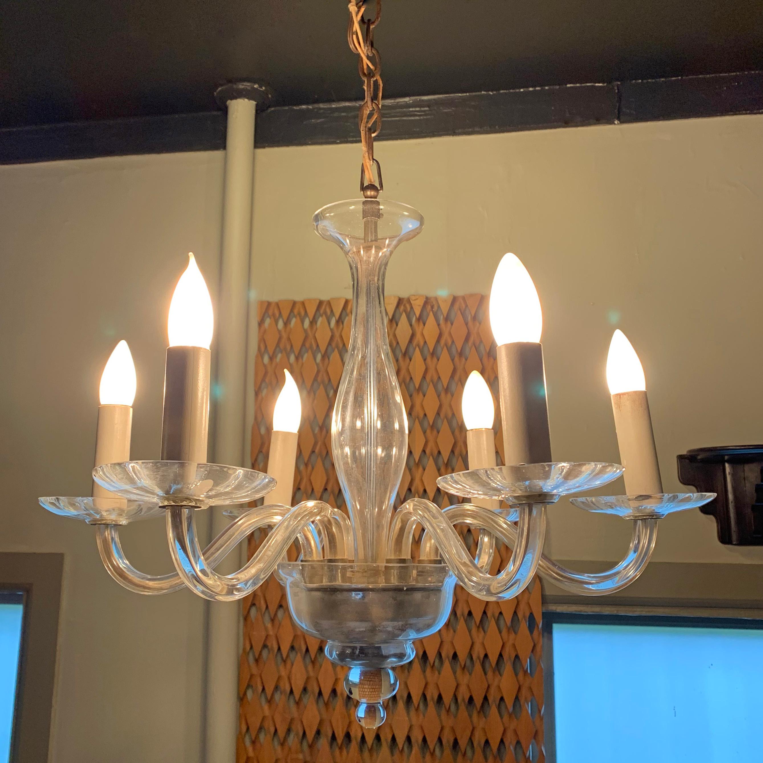 Hollywood Regency Midcentury Clear Murano Art Glass Chandelier For Sale