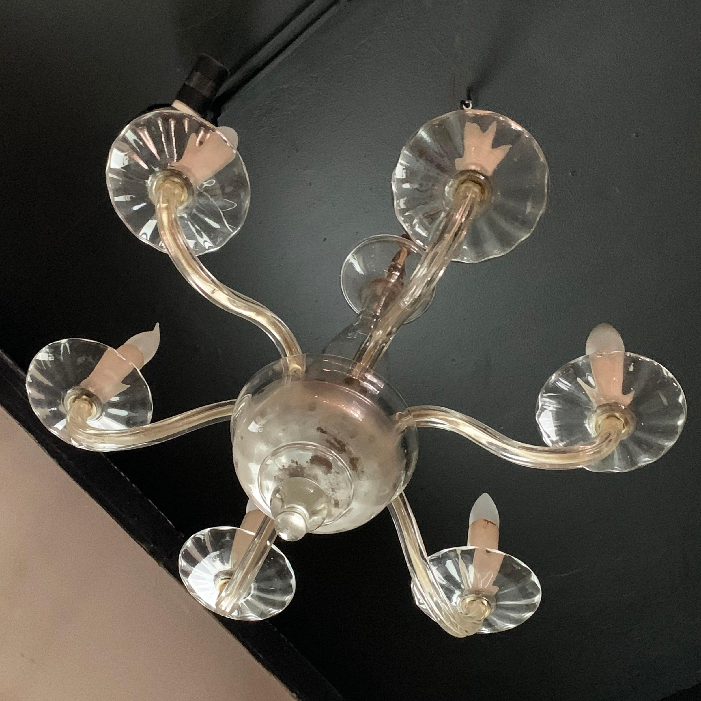 Midcentury Clear Murano Art Glass Chandelier In Good Condition For Sale In Brooklyn, NY