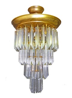 Midcentury Clear Murano Crystal Glass Prisms Gilt Brass Wedding Cake Chandelier