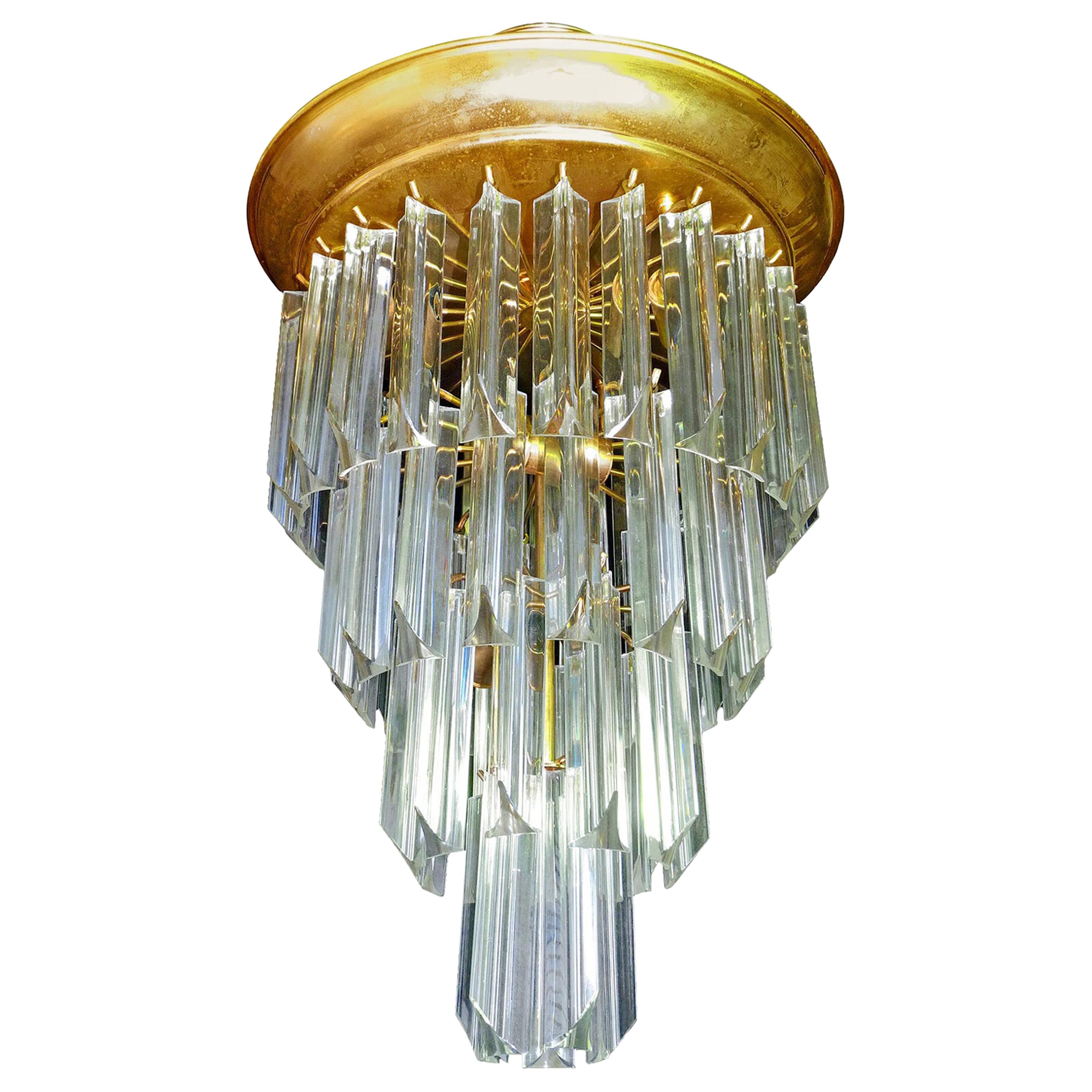 Midcentury Clear Murano Crystal Glass Prisms Gilt Brass Wedding Cake Chandelier For Sale