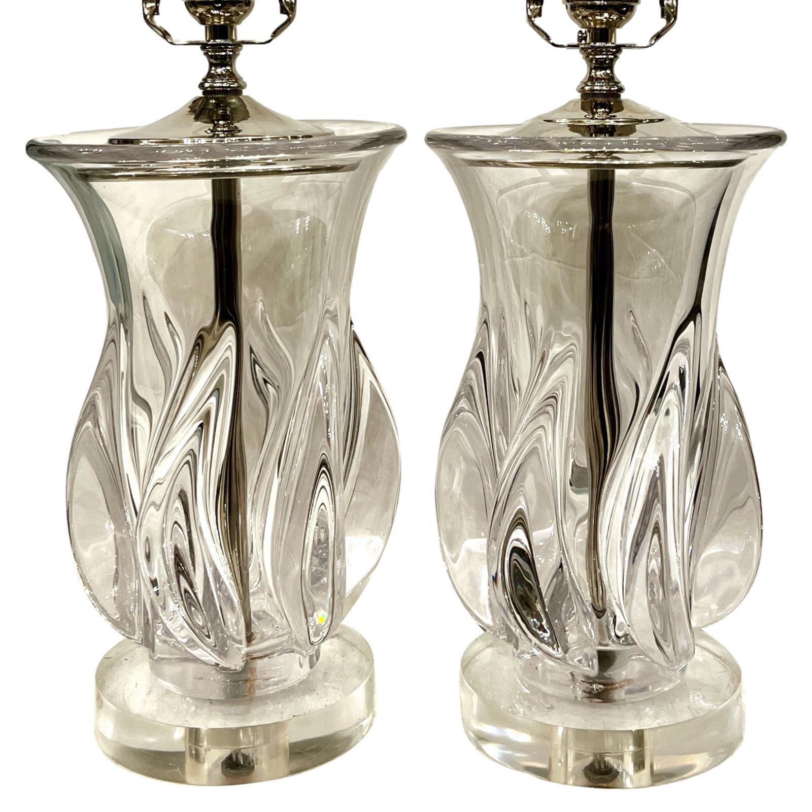 A pair of circa 1950's Italian hand-blown Murano glass table lamps with lucite bases.

Measurements:
Height of body: 11
