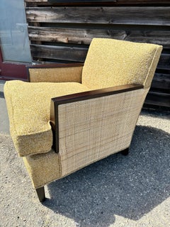 Retro midcentury club chair in boucle and wicker with walnut arms