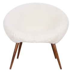 Midcentury Club or Cocktail Chair in Faux Polar Bear Fur and Teak, 1950s