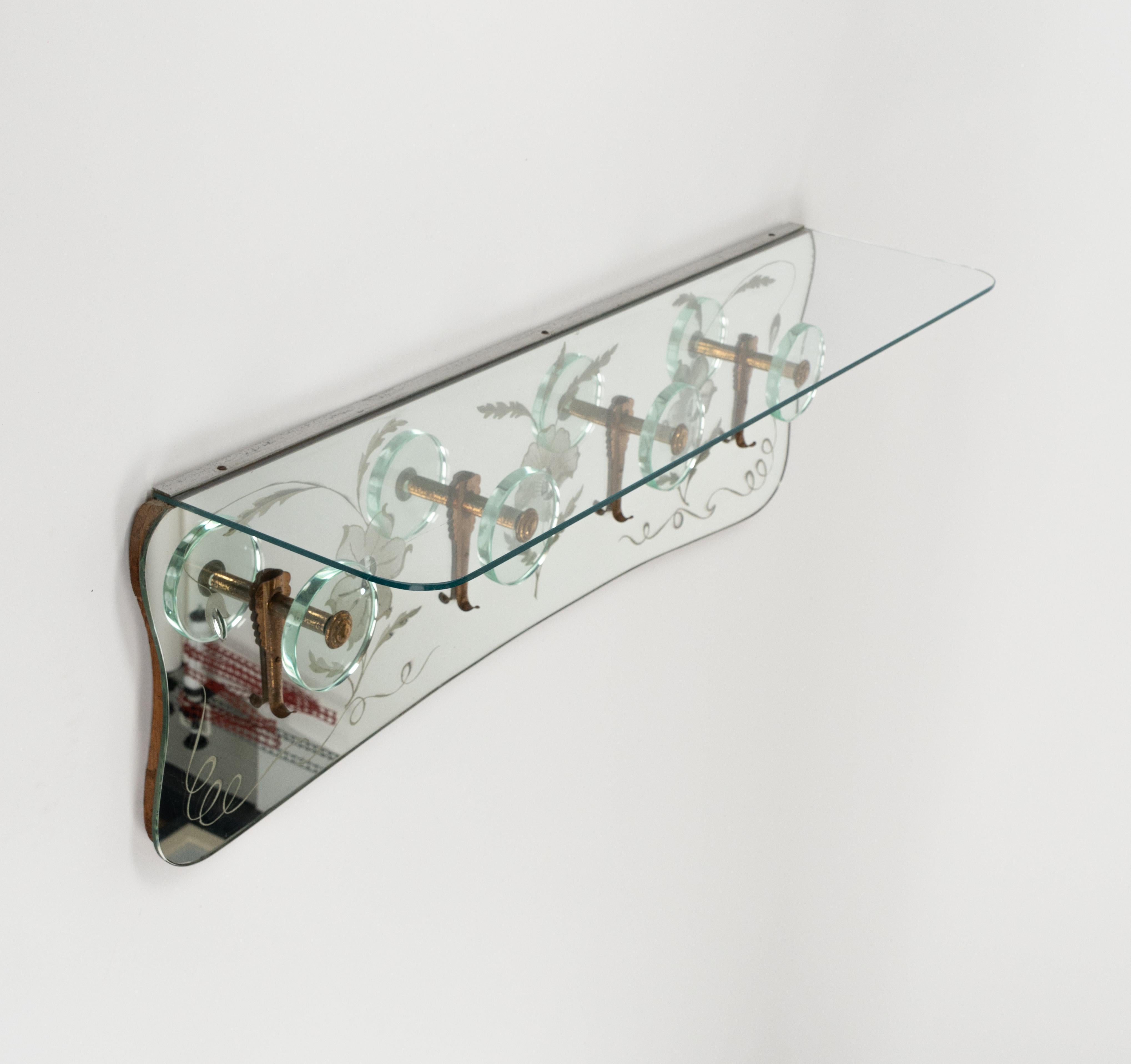 Midcentury Coat Rack Shelf in Mirror, Brass & Glass by Cristal Art, Italy, 1950s For Sale 3