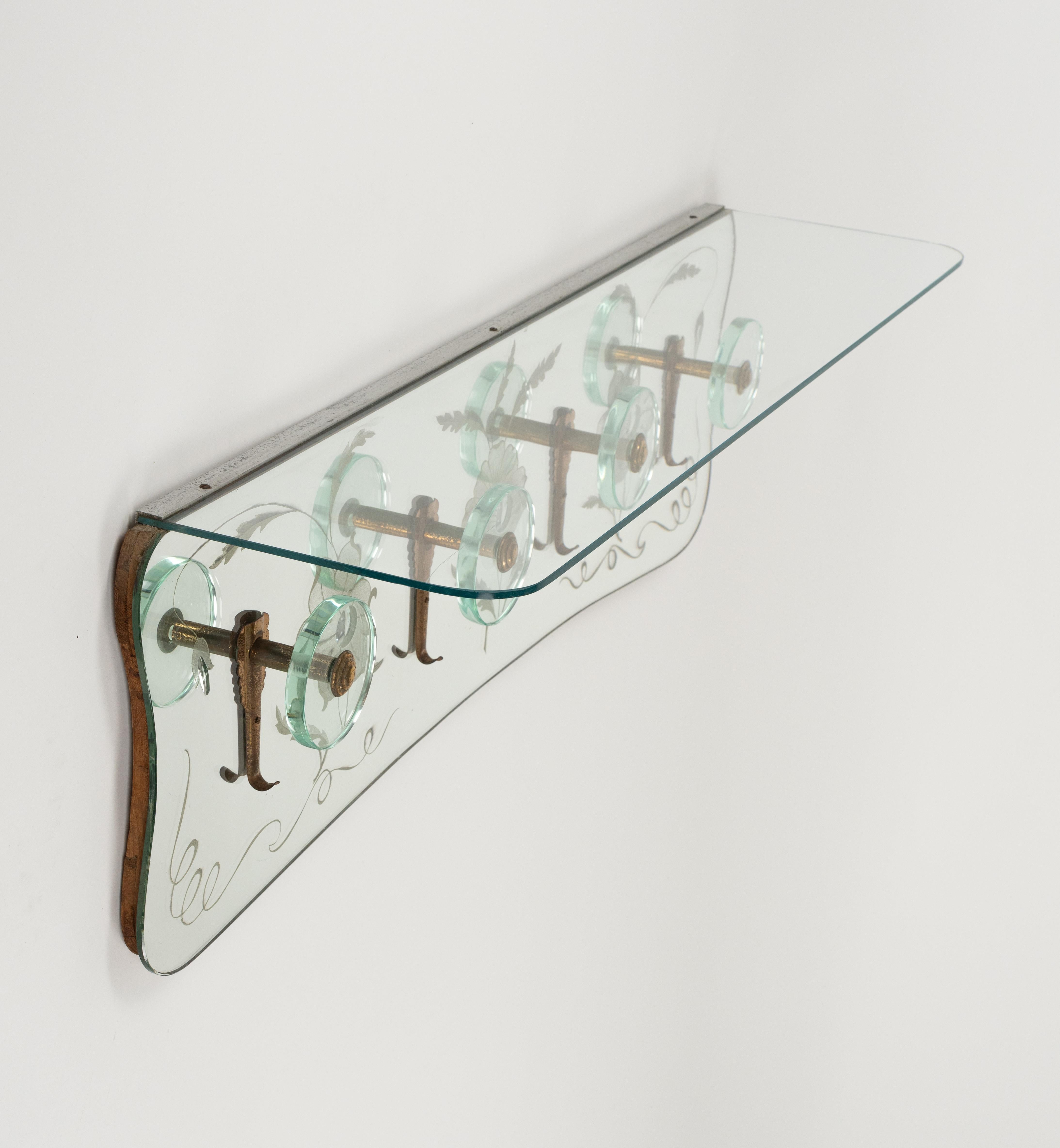 Midcentury Coat Rack Shelf in Mirror, Brass & Glass by Cristal Art, Italy, 1950s For Sale 4