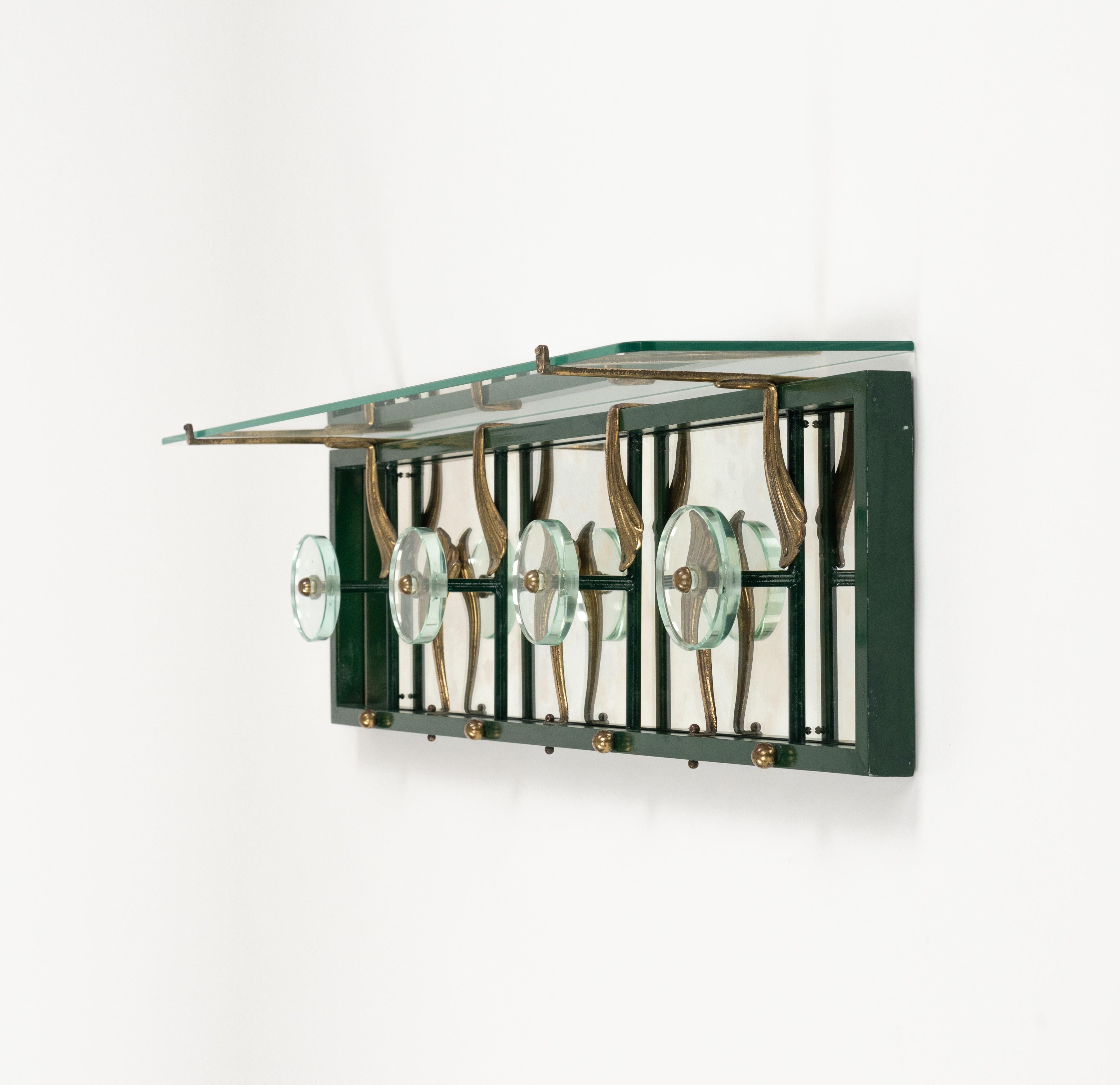 Midcentury Coat Rack Shelf in Mirror, Brass & Glass by Cristal Art, Italy, 1950s For Sale 4