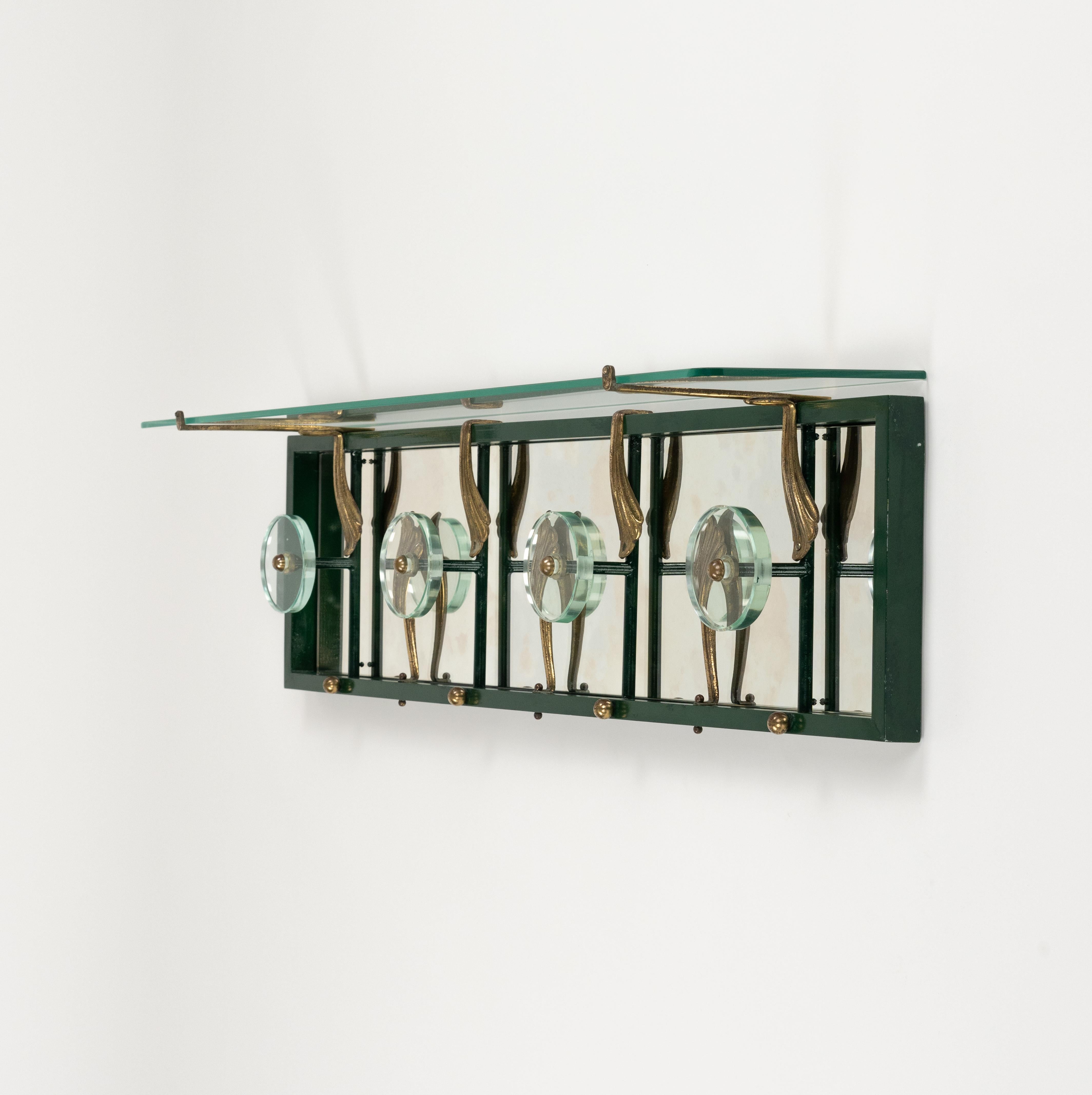 Midcentury Coat Rack Shelf in Mirror, Brass & Glass by Cristal Art, Italy, 1950s For Sale 5