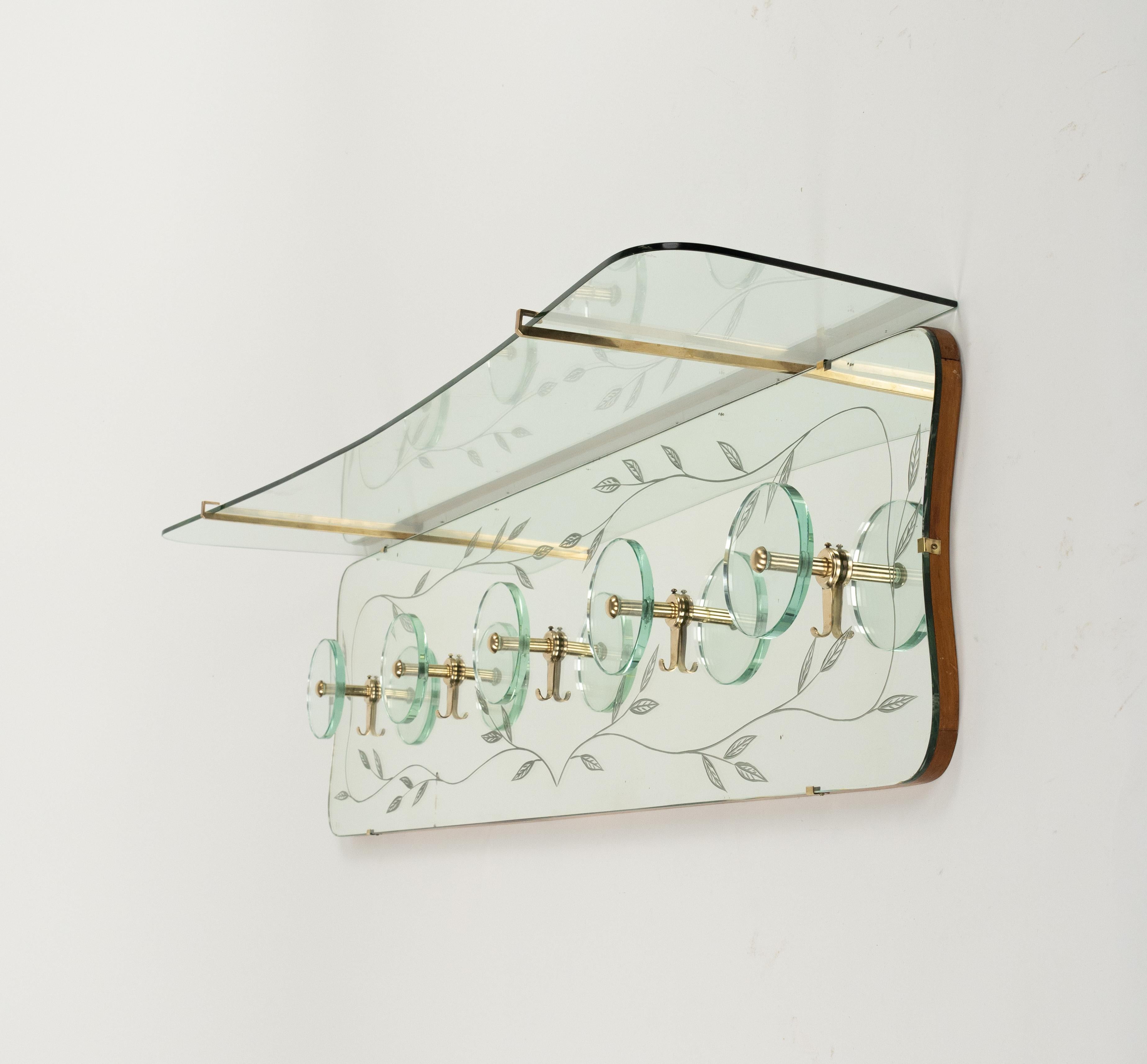 Midcentury Coat Rack Shelf in Mirror, Brass & Glass by Cristal Art, Italy, 1950s For Sale 6