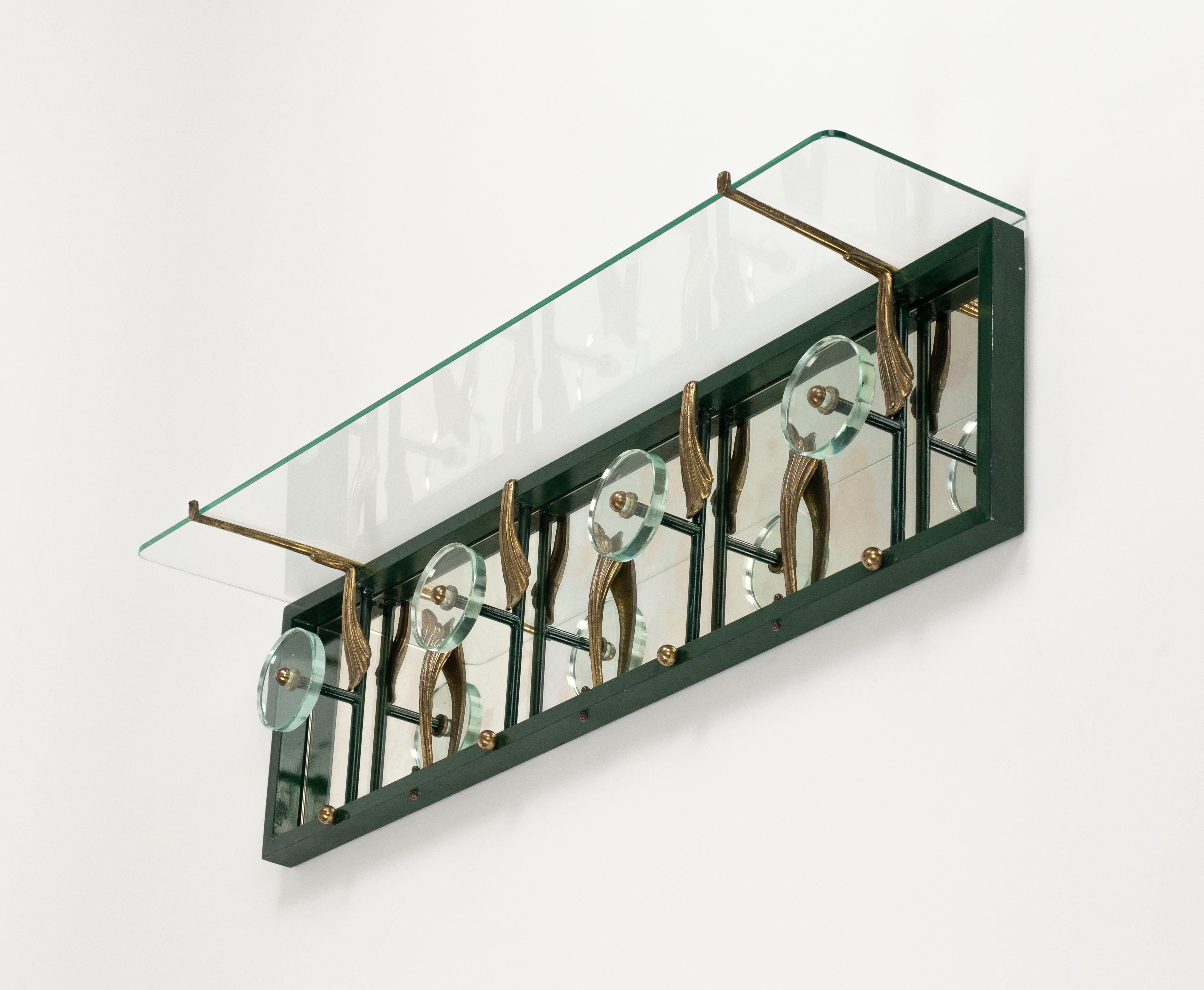 Midcentury Coat Rack Shelf in Mirror, Brass & Glass by Cristal Art, Italy, 1950s For Sale 7