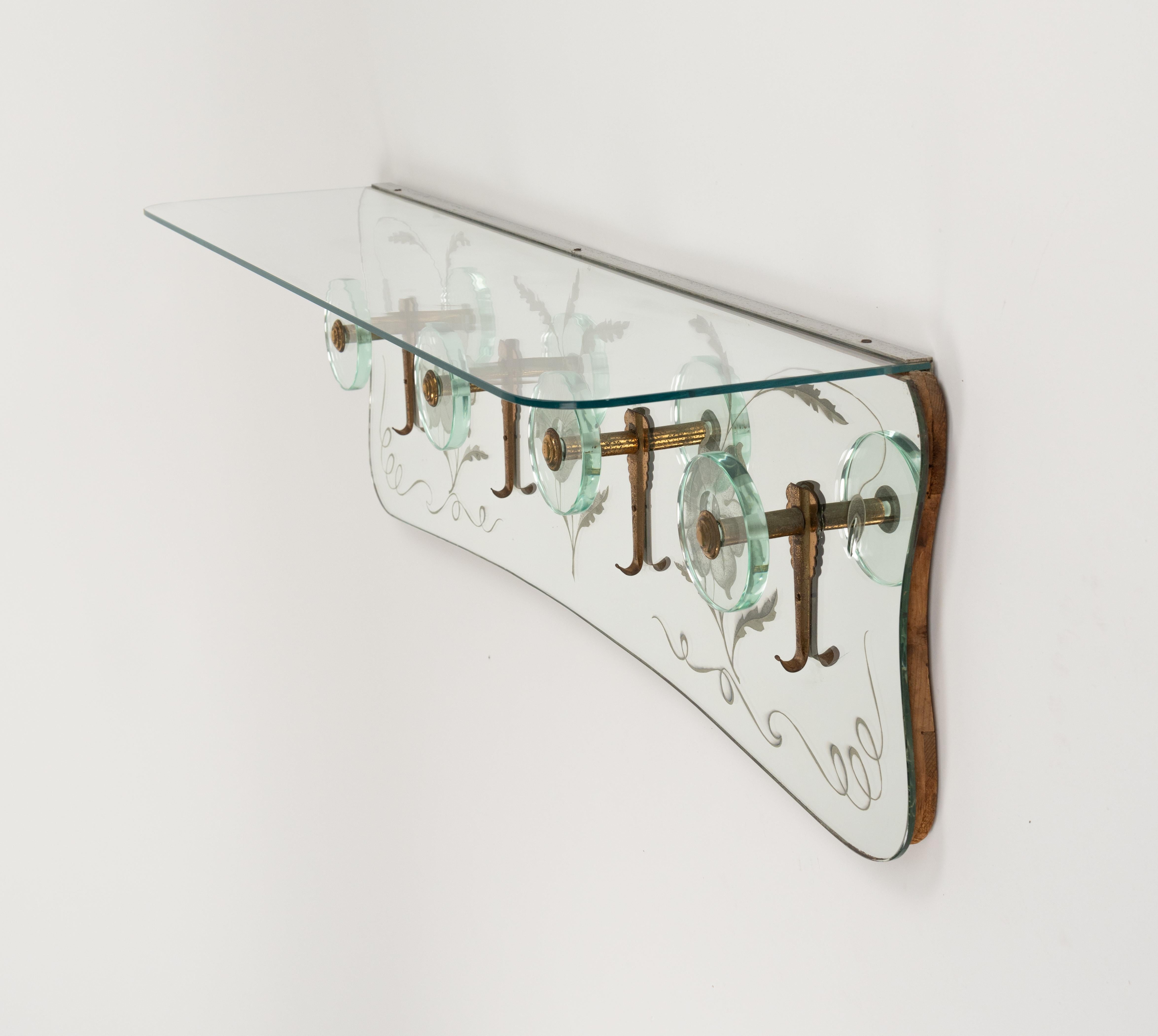 Midcentury Coat Rack Shelf in Mirror, Brass & Glass by Cristal Art, Italy, 1950s For Sale 8