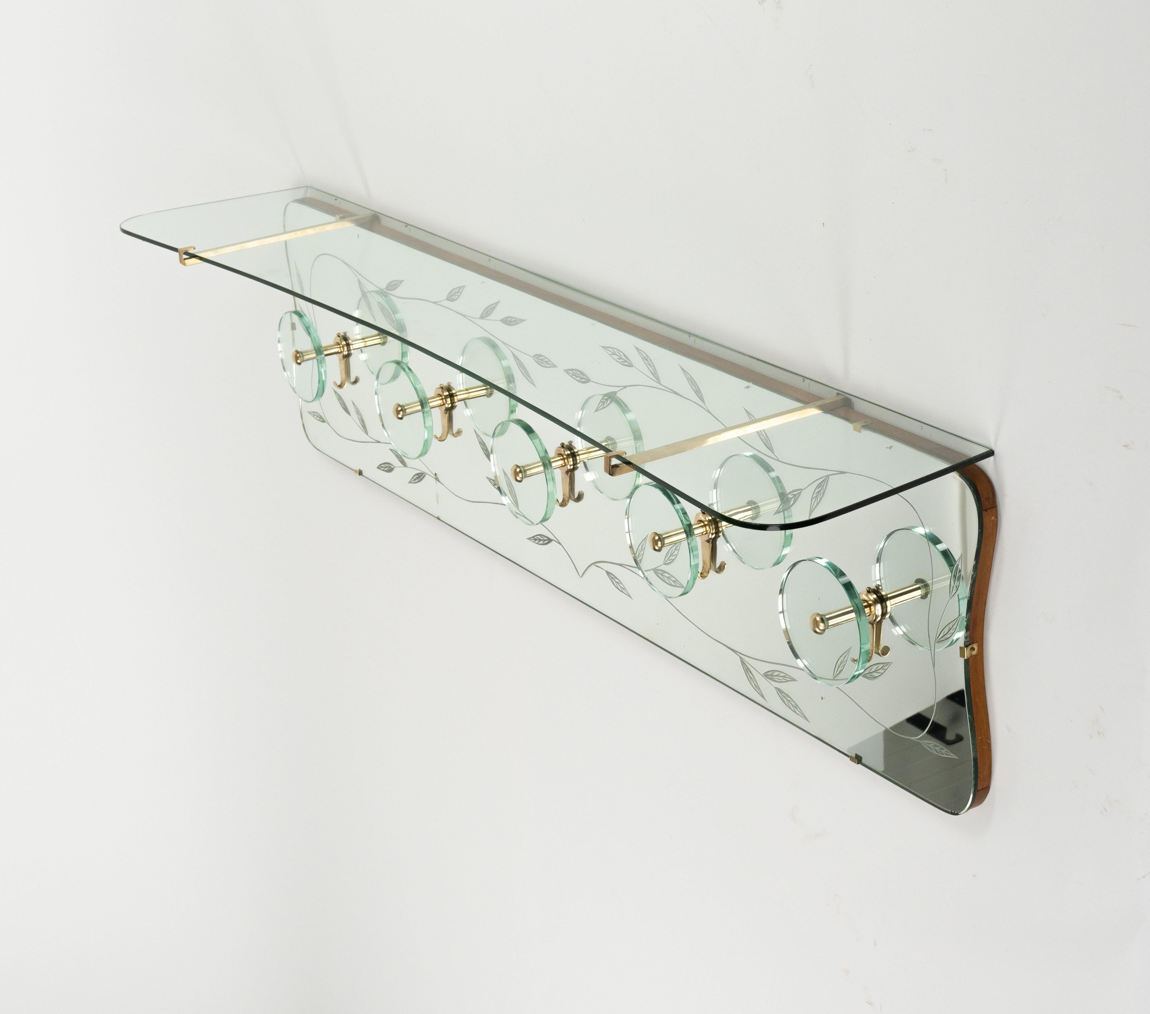 Midcentury Coat Rack Shelf in Mirror, Brass & Glass by Cristal Art, Italy, 1950s For Sale 8